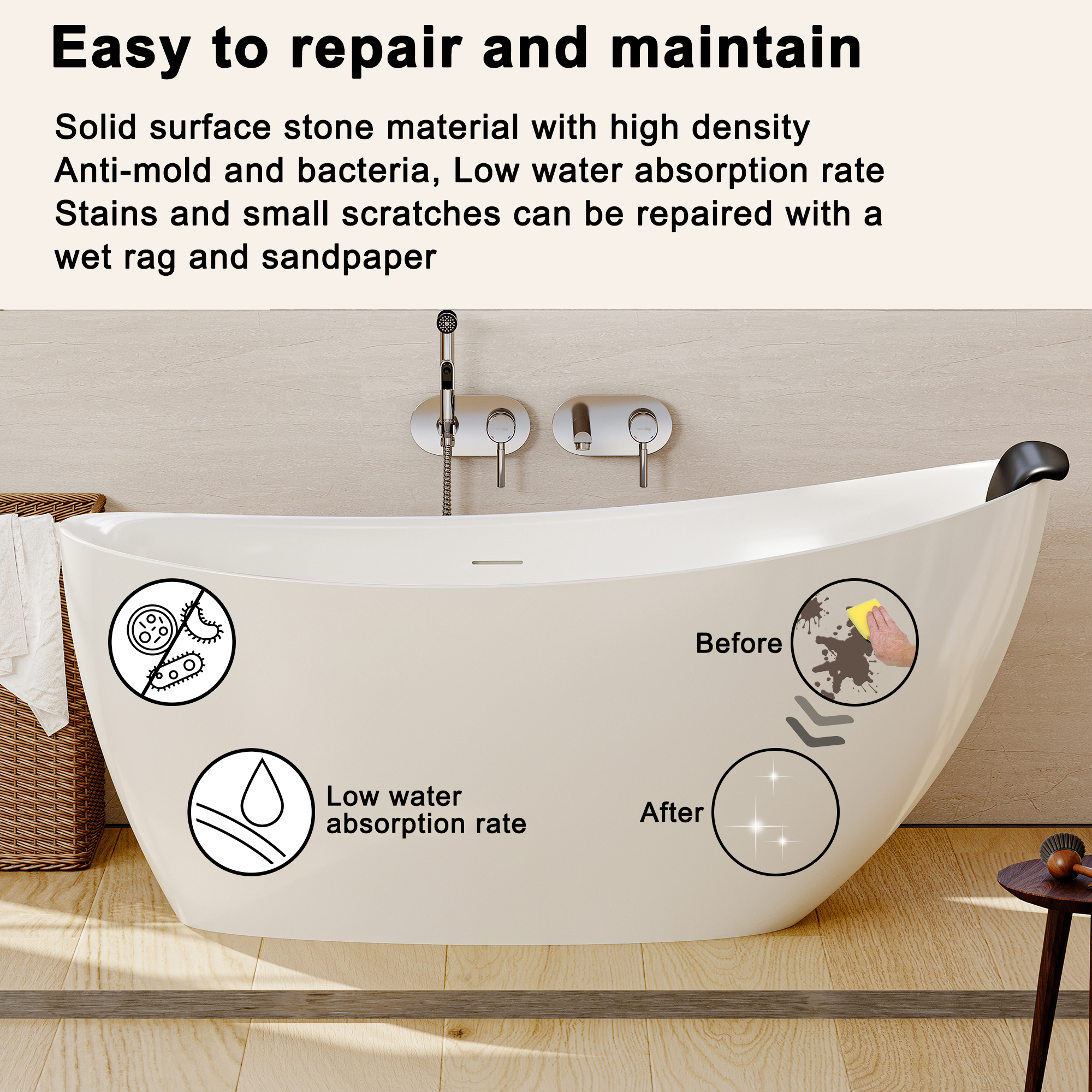 59/67" Matte White Stone Resin Freestanding Adult Soaking Tub with Cushions