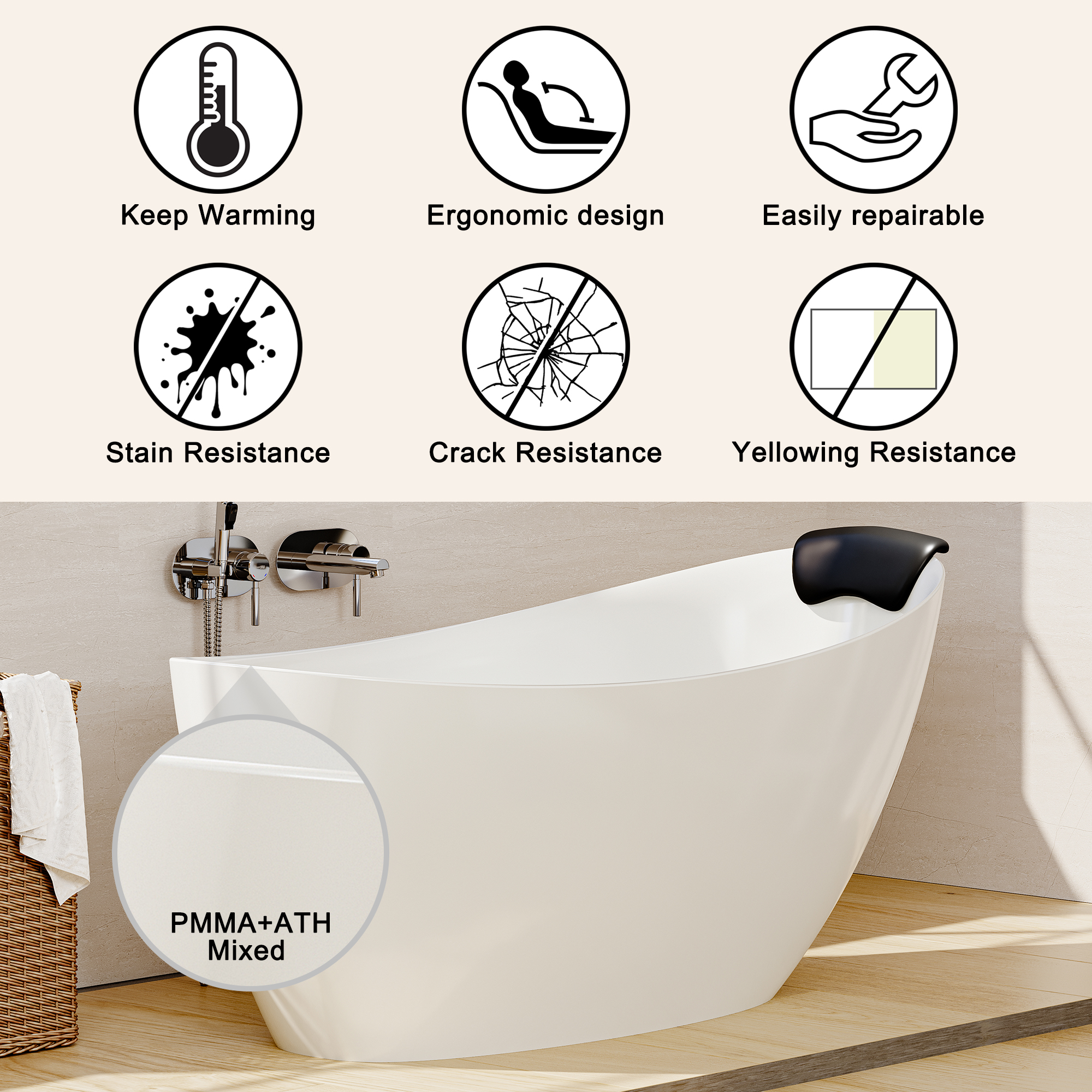 59/67" Matte White Stone Resin Freestanding Adult Soaking Tub with Cushions