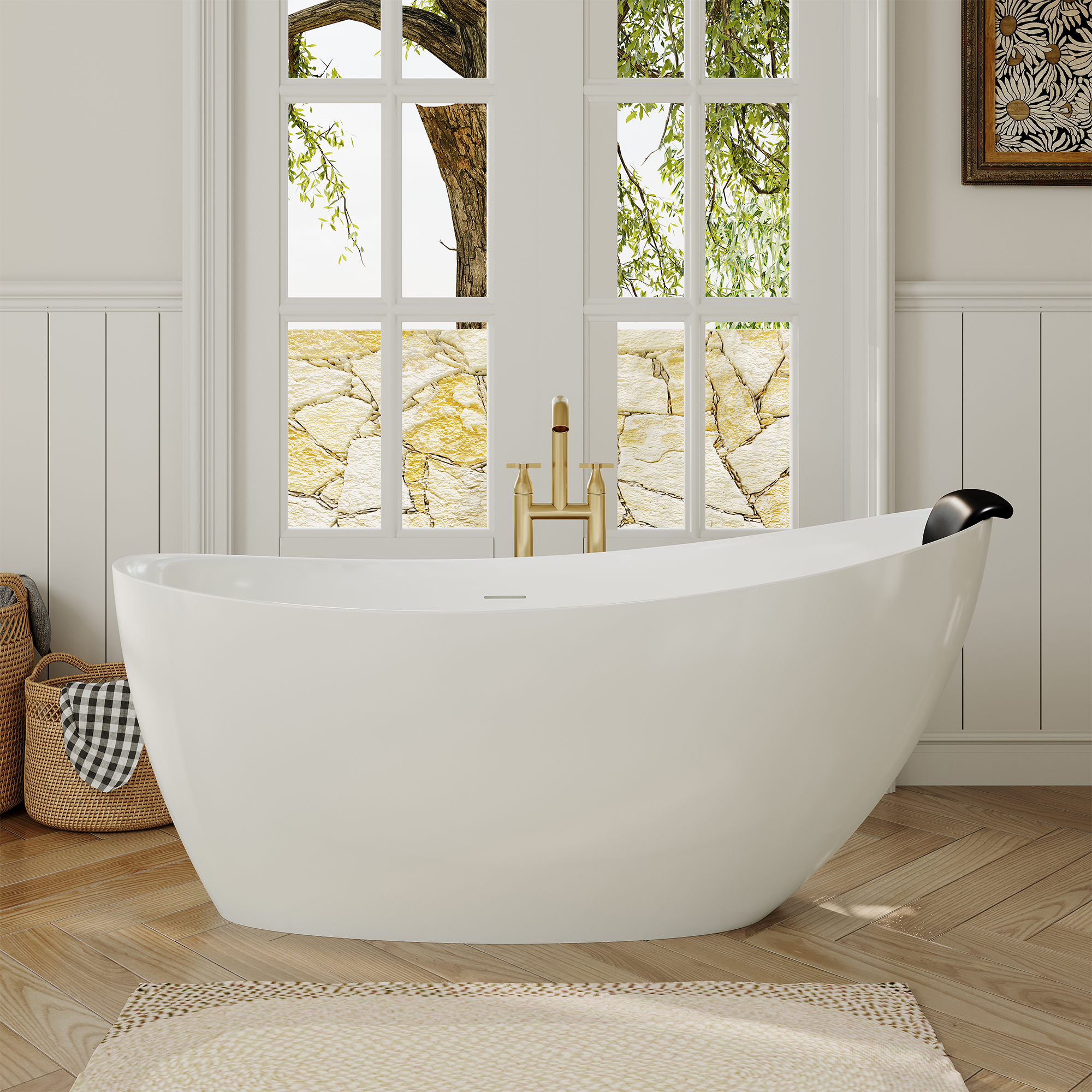 59/67" Matte White Stone Resin Freestanding Adult Soaking Tub with Cushions