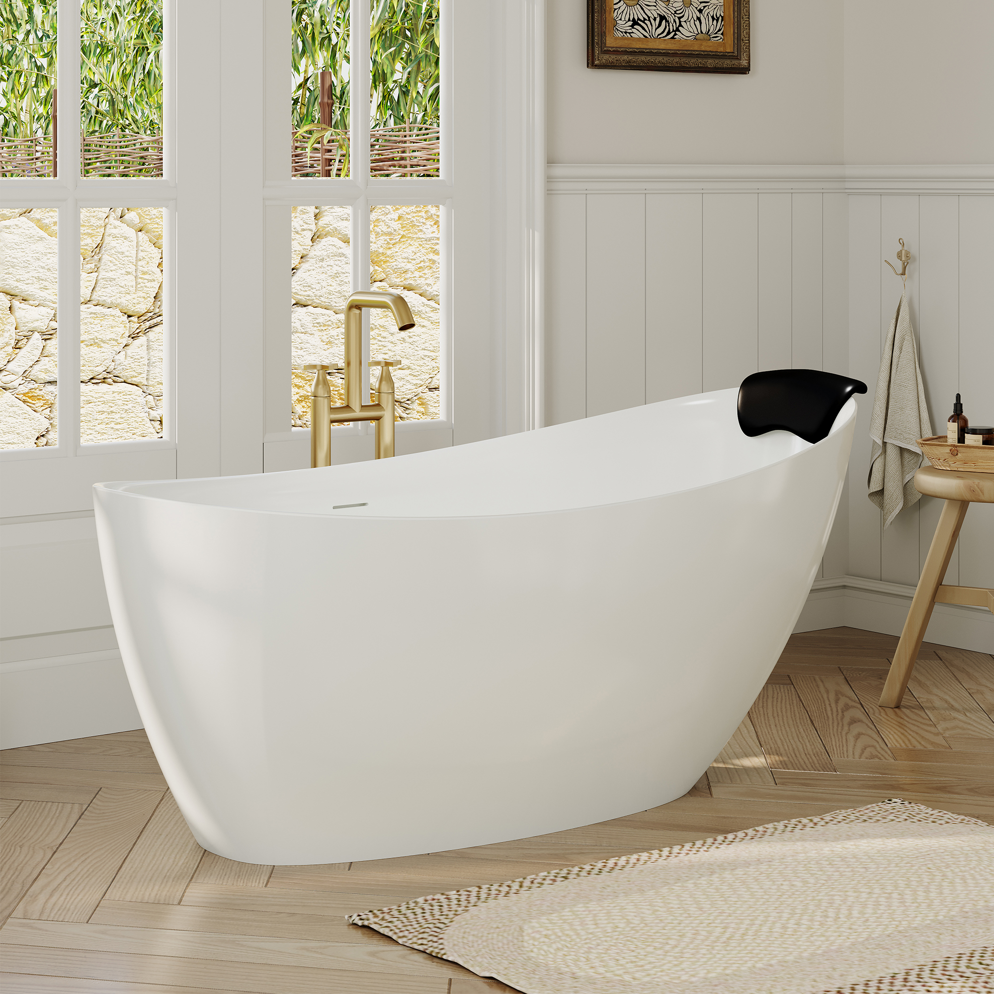 59/67" Matte White Stone Resin Freestanding Adult Soaking Tub with Cushions