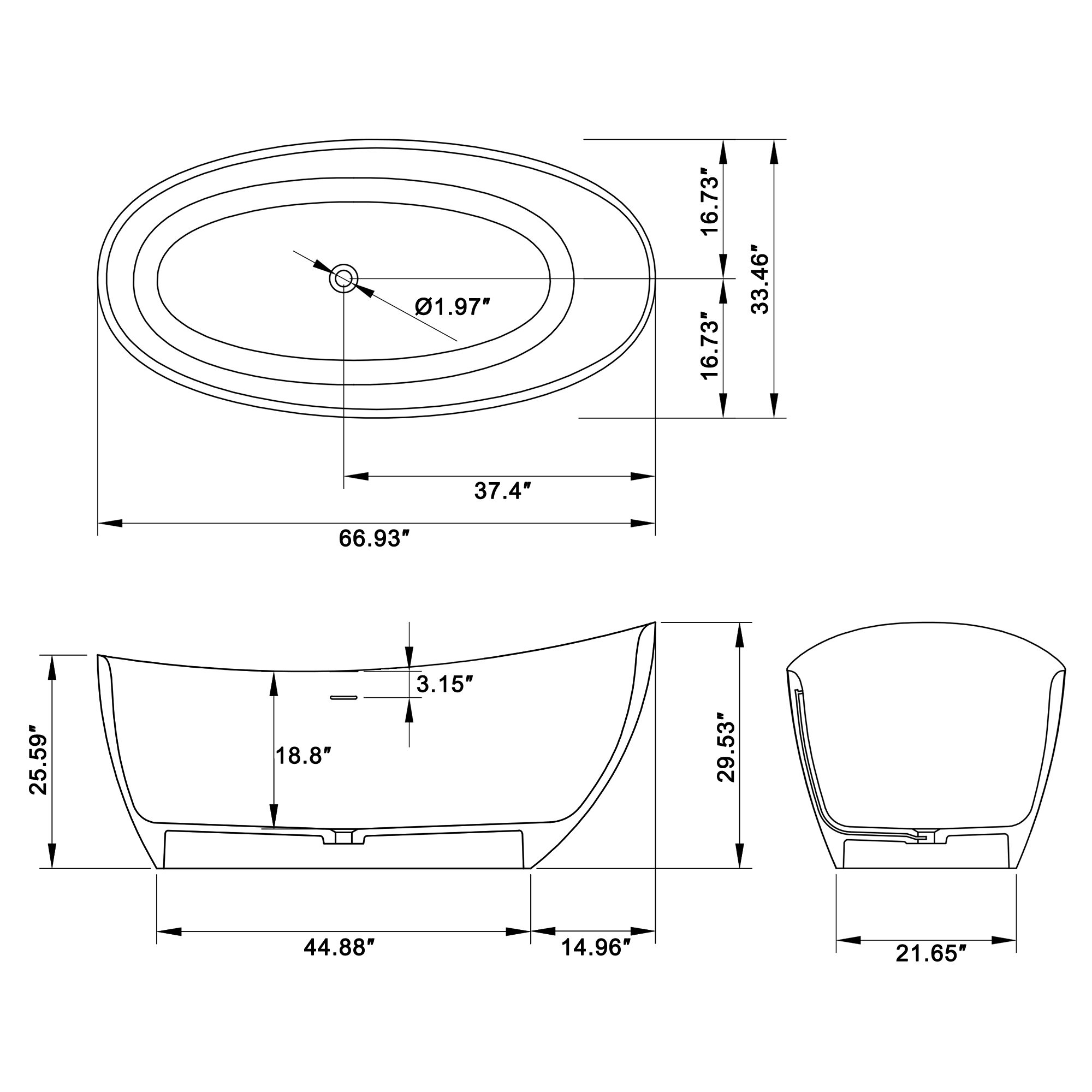 59/67" Matte White Stone Resin Freestanding Adult Soaking Tub with Cushions