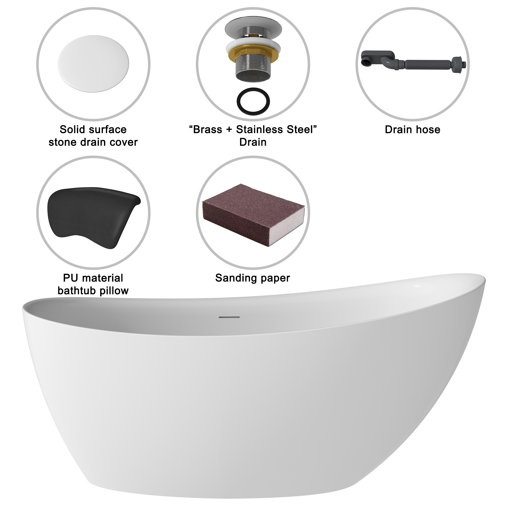 59/67" Matte White Stone Resin Freestanding Adult Soaking Tub with Cushions