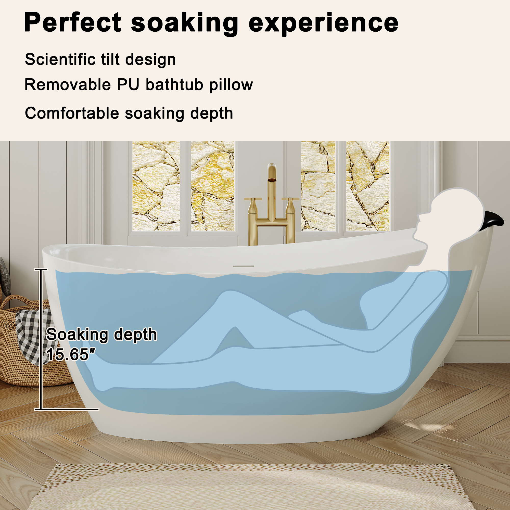 59/67" Matte White Stone Resin Freestanding Adult Soaking Tub with Cushions