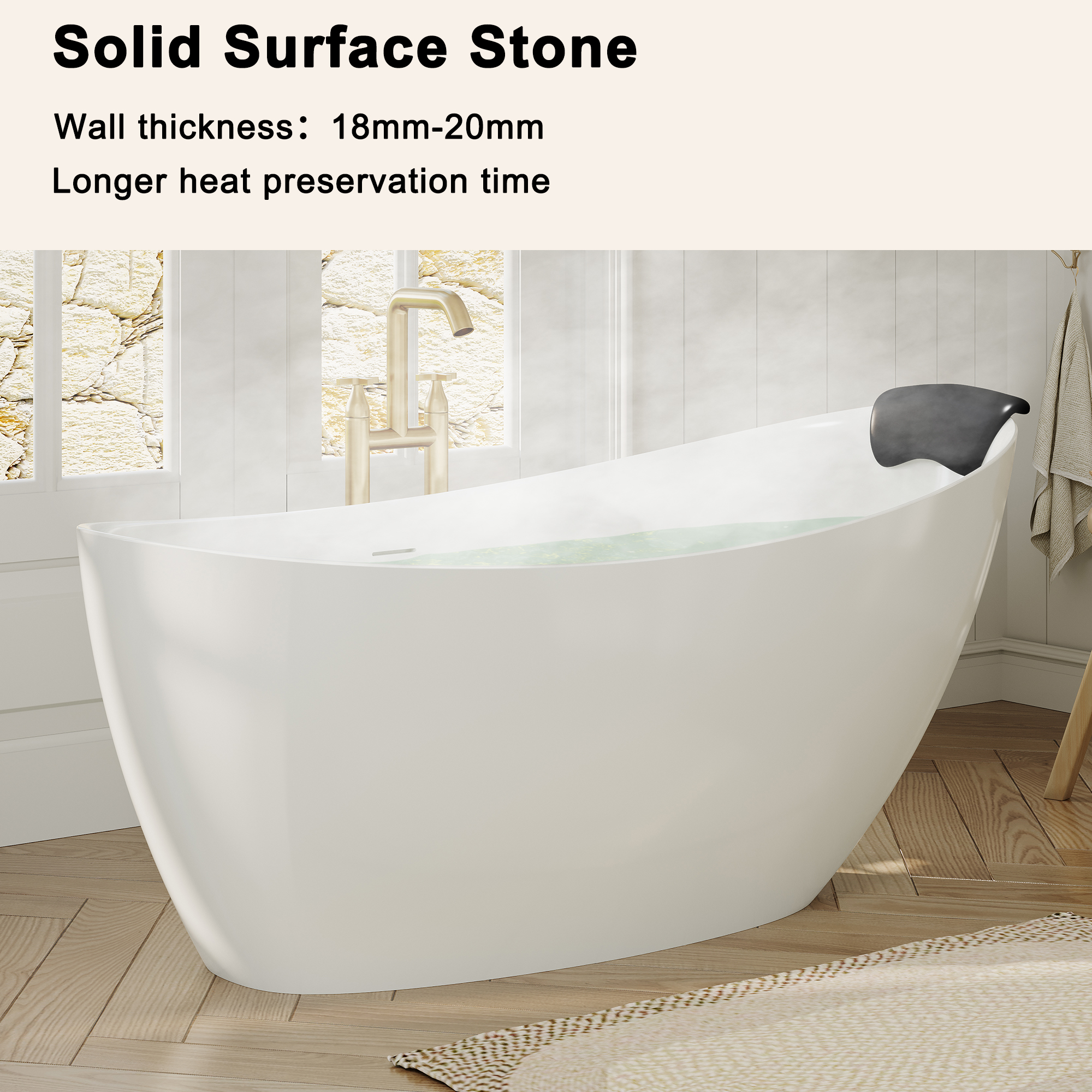 59/67" Matte White Stone Resin Freestanding Adult Soaking Tub with Cushions
