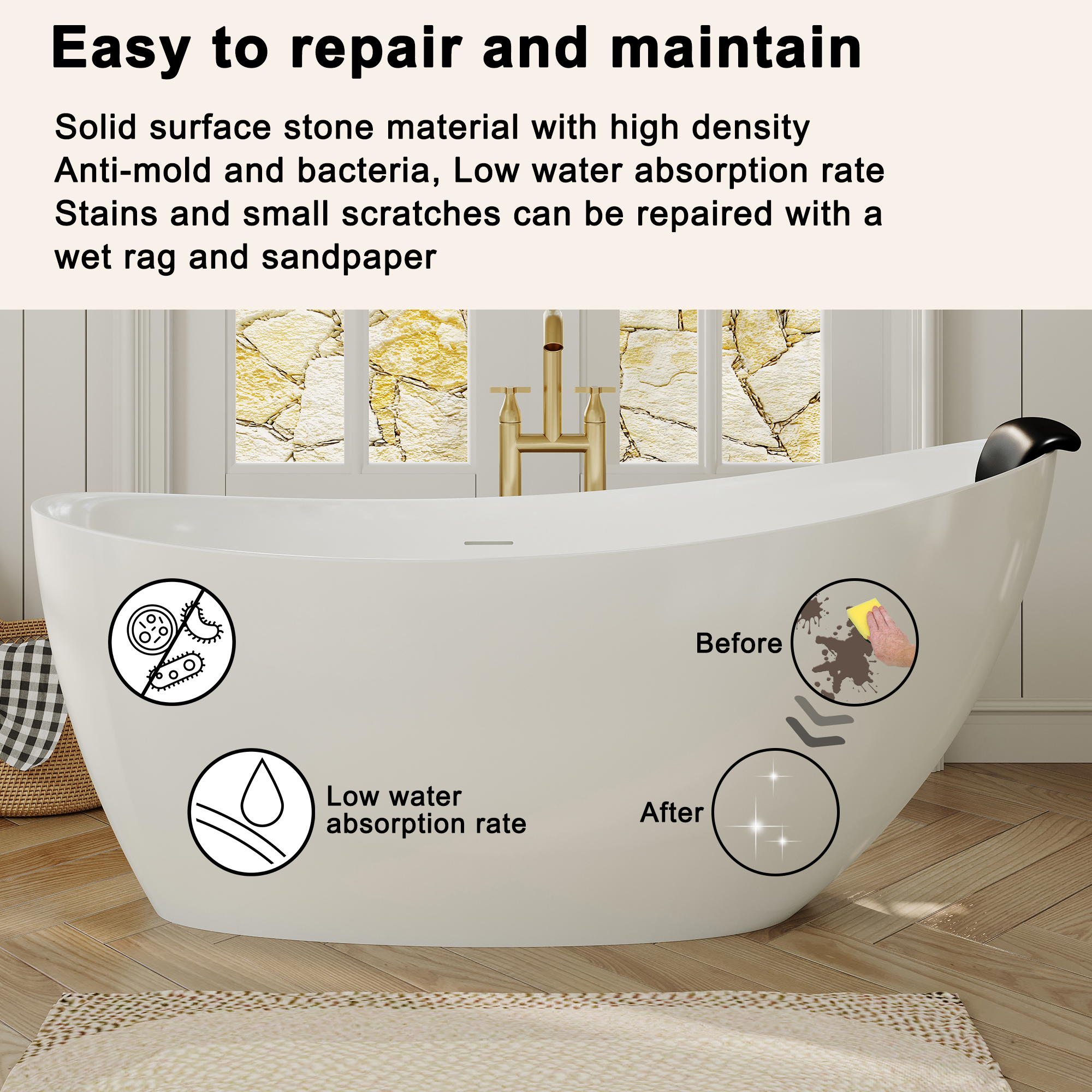 59/67" Matte White Stone Resin Freestanding Adult Soaking Tub with Cushions