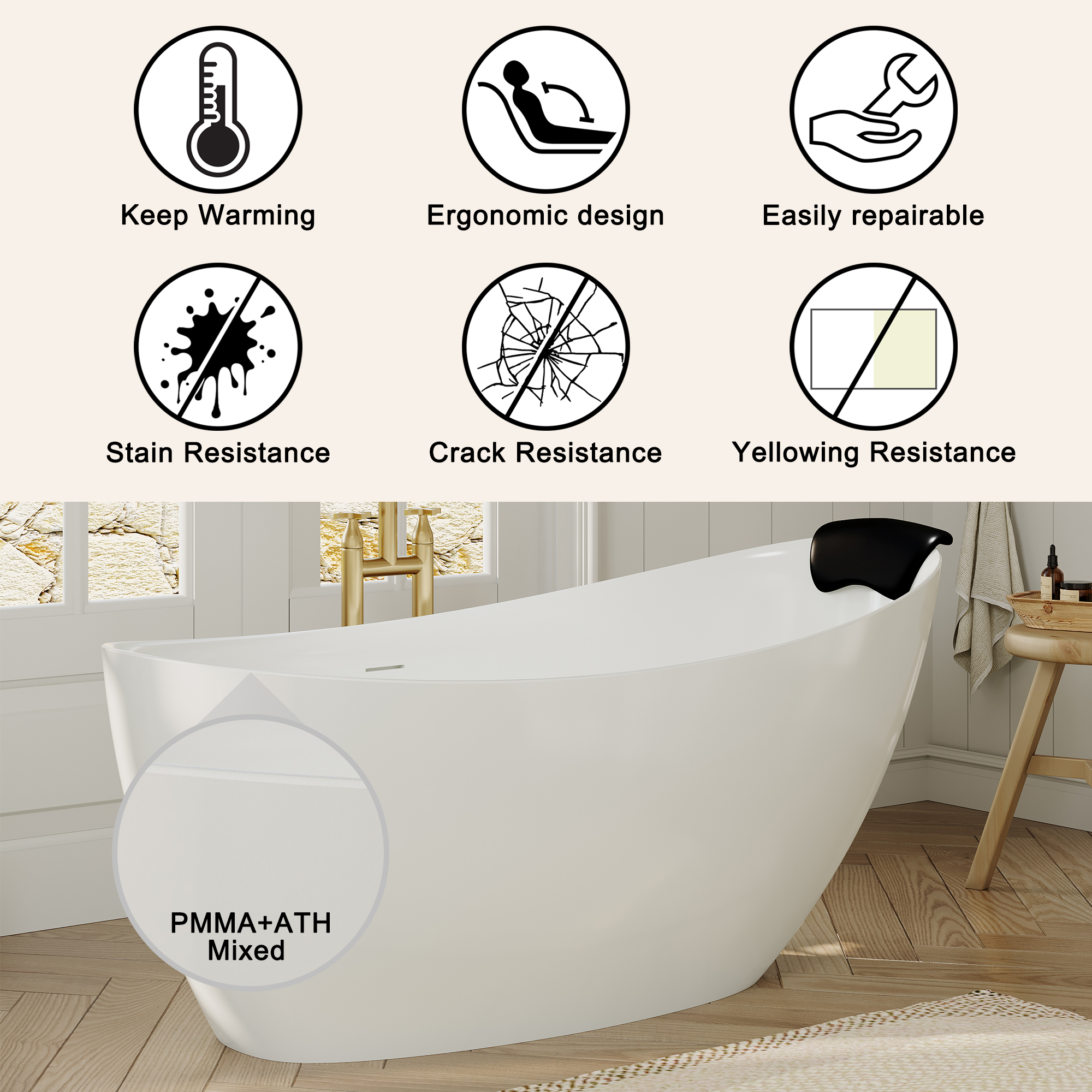 59/67" Matte White Stone Resin Freestanding Adult Soaking Tub with Cushions