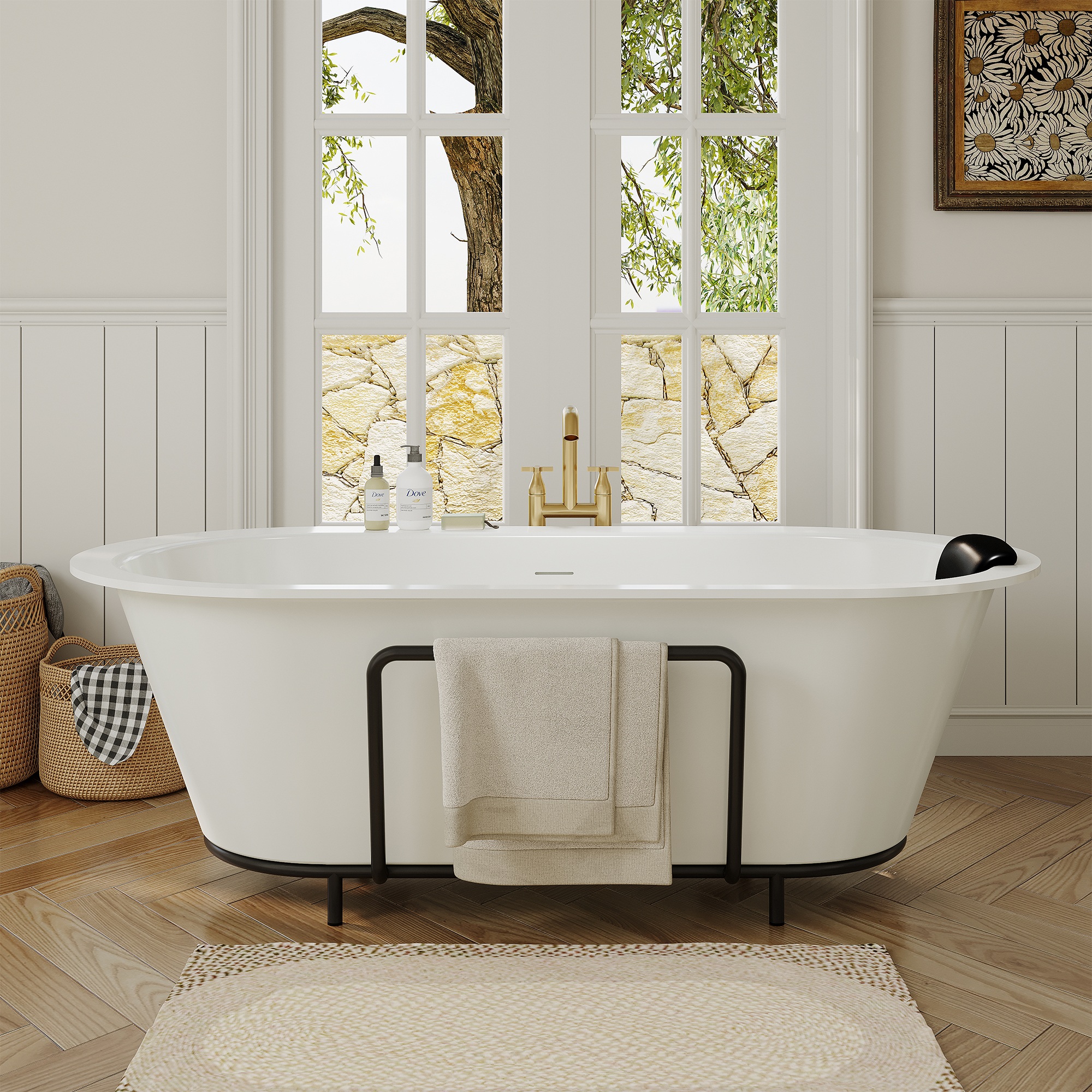 67/71" Stone Resin Adult Freestanding Soaking Tub with Cushions and Bottom Shelf