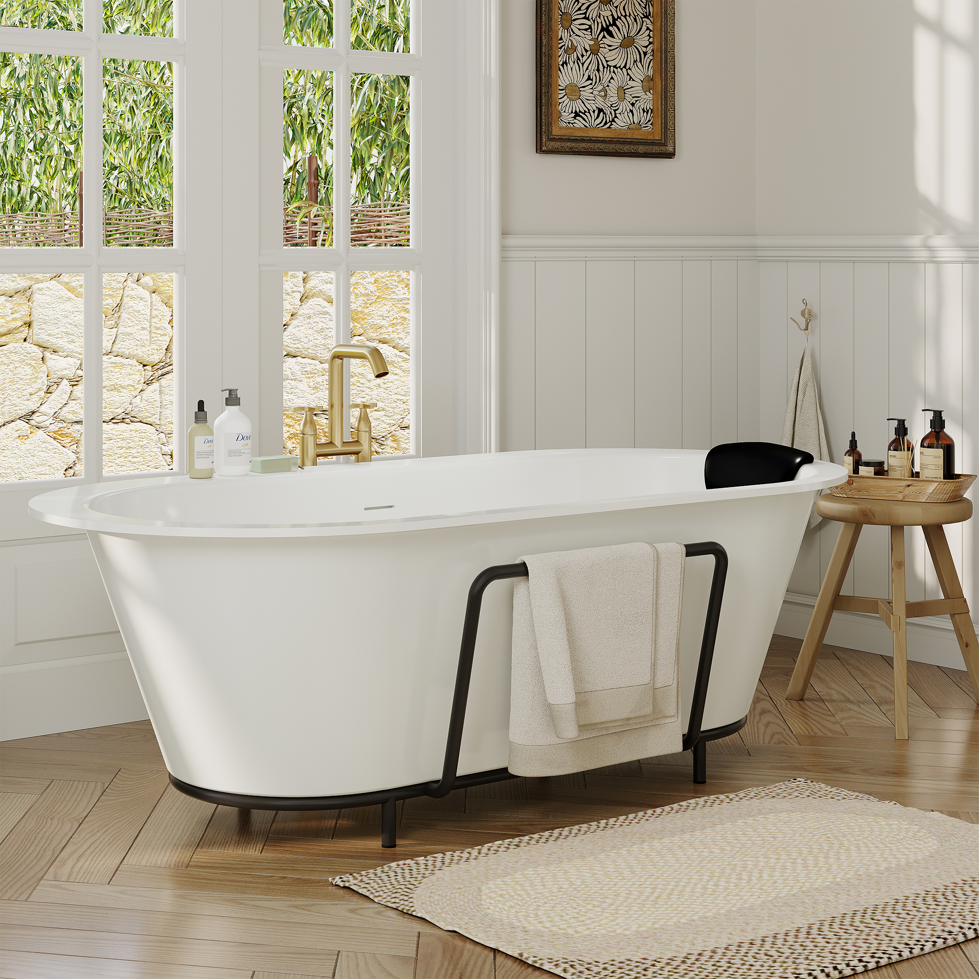 67/71" Stone Resin Adult Freestanding Soaking Tub with Cushions and Bottom Shelf