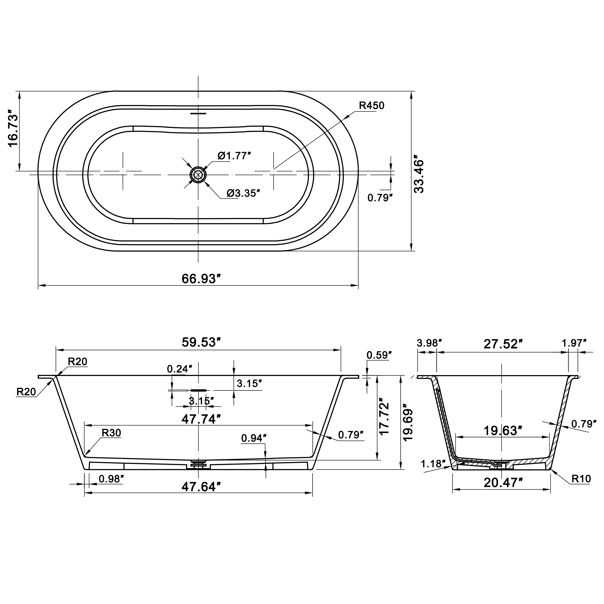 67/71" Stone Resin Adult Freestanding Soaking Tub with Cushions and Bottom Shelf