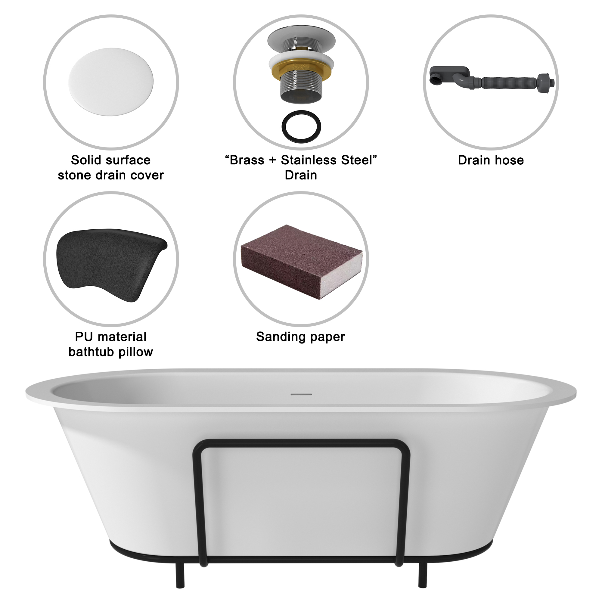 67/71" Stone Resin Adult Freestanding Soaking Tub with Cushions and Bottom Shelf