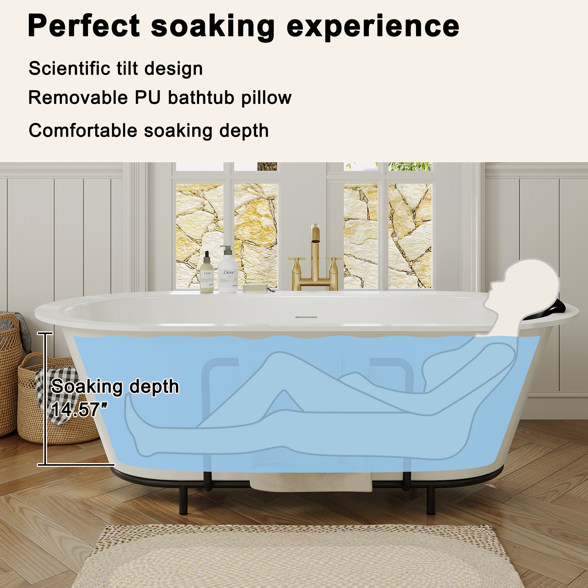 67/71" Stone Resin Adult Freestanding Soaking Tub with Cushions and Bottom Shelf