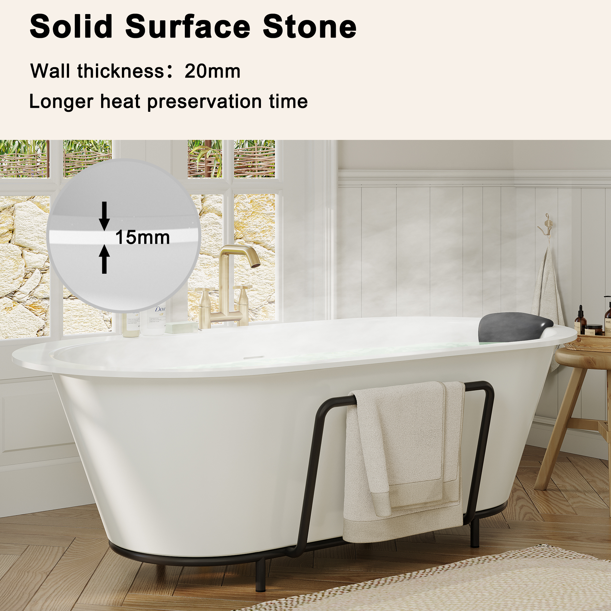 67/71" Stone Resin Adult Freestanding Soaking Tub with Cushions and Bottom Shelf