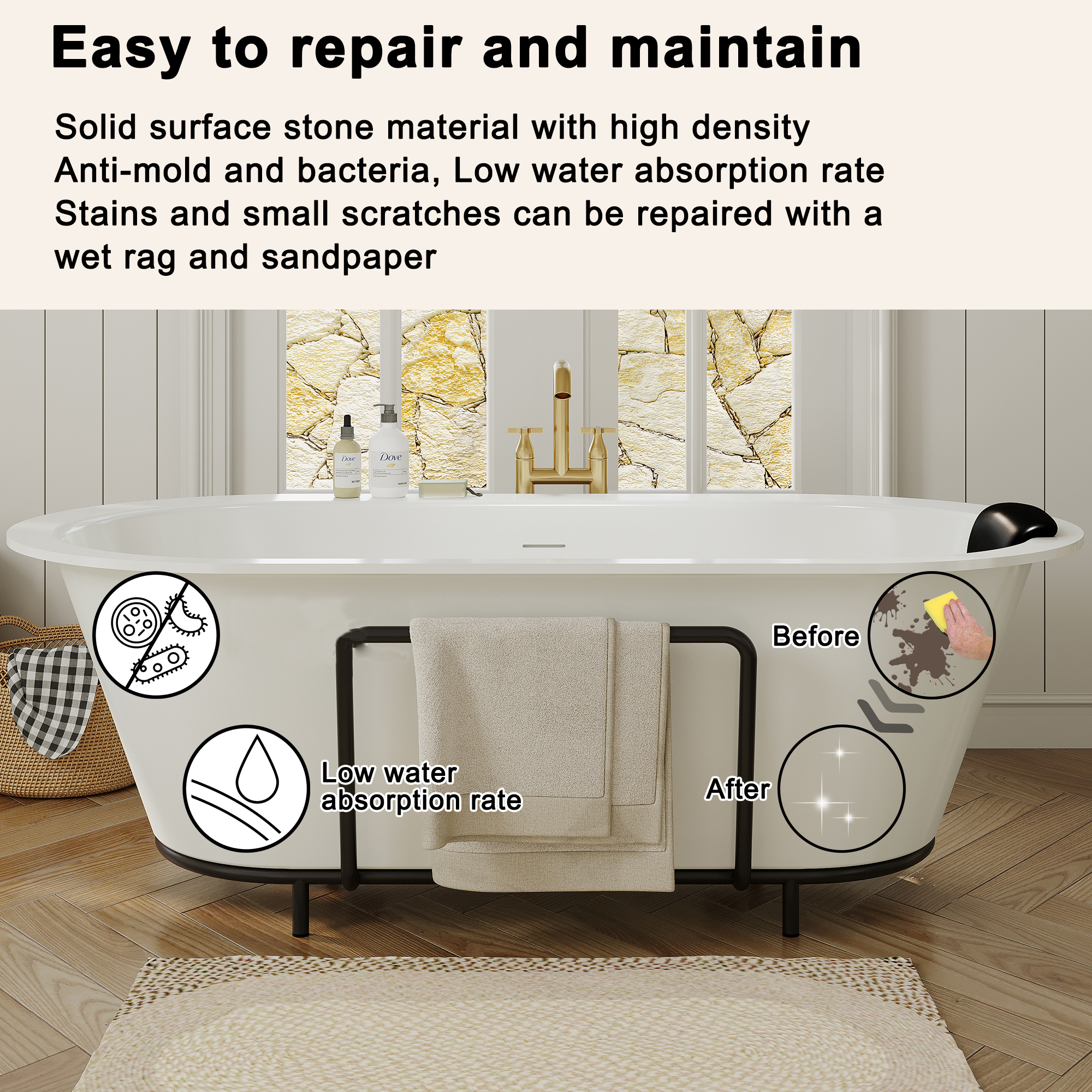 67/71" Stone Resin Adult Freestanding Soaking Tub with Cushions and Bottom Shelf