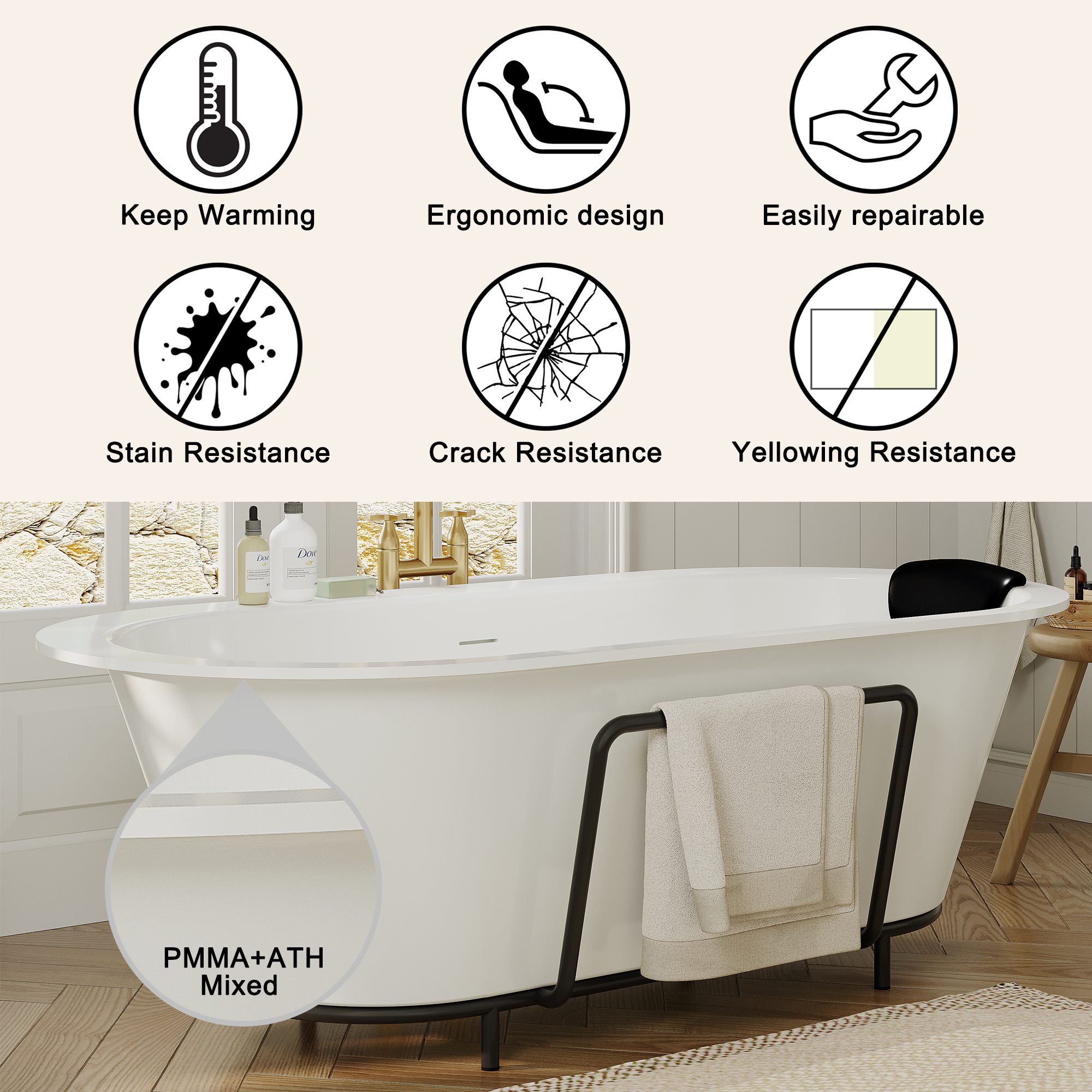 67/71" Stone Resin Adult Freestanding Soaking Tub with Cushions and Bottom Shelf