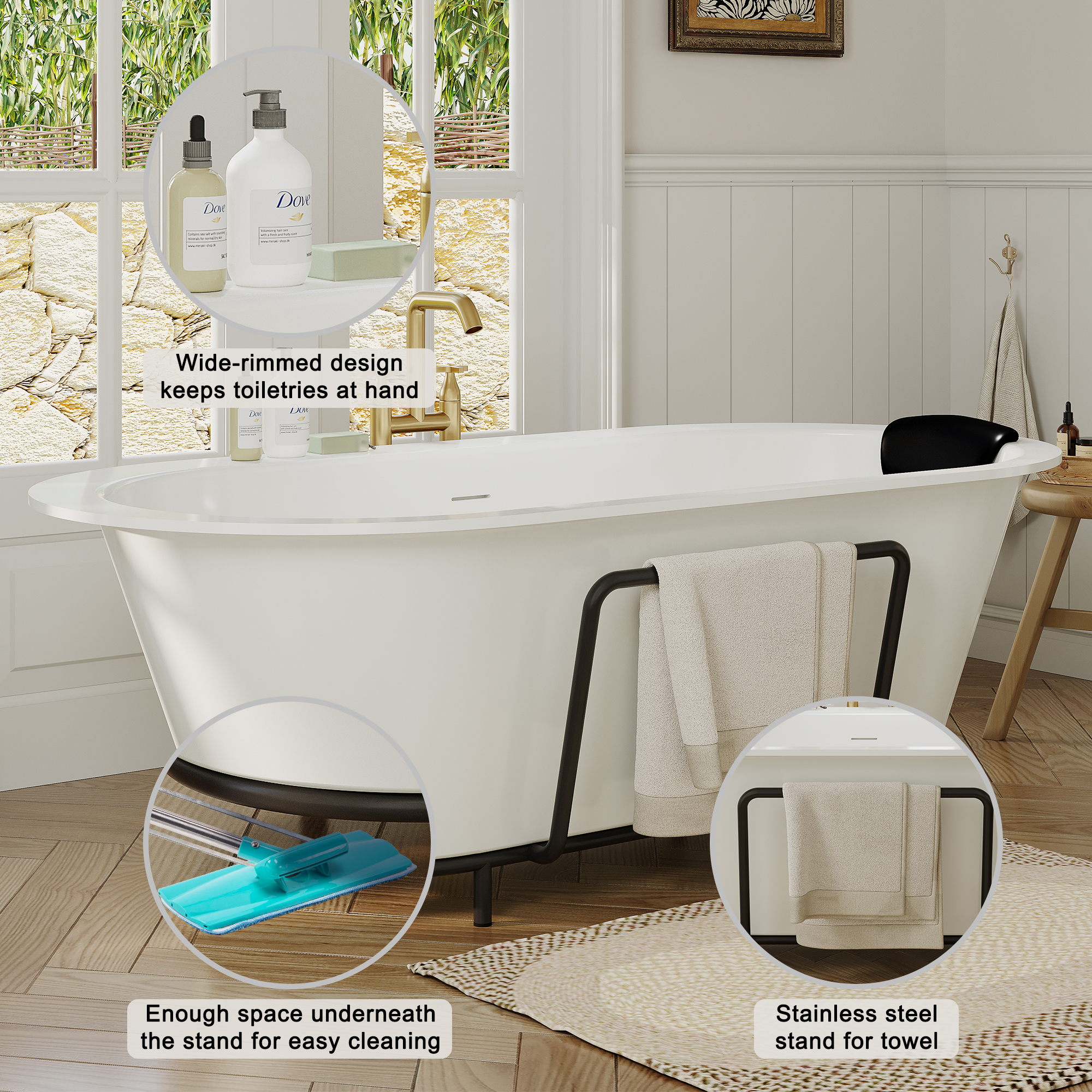 67/71" Stone Resin Adult Freestanding Soaking Tub with Cushions and Bottom Shelf