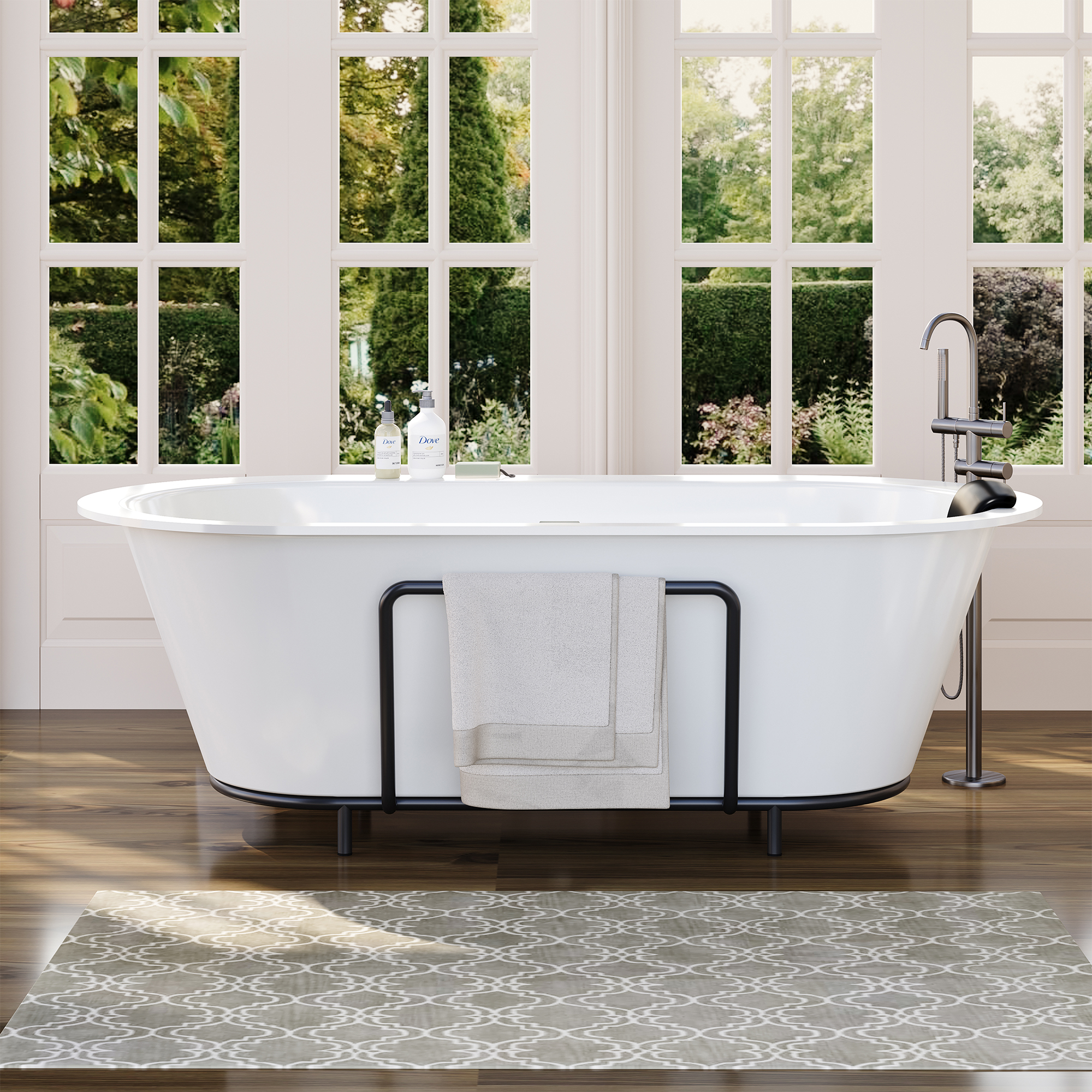 67/71" Stone Resin Adult Freestanding Soaking Tub with Cushions and Bottom Shelf