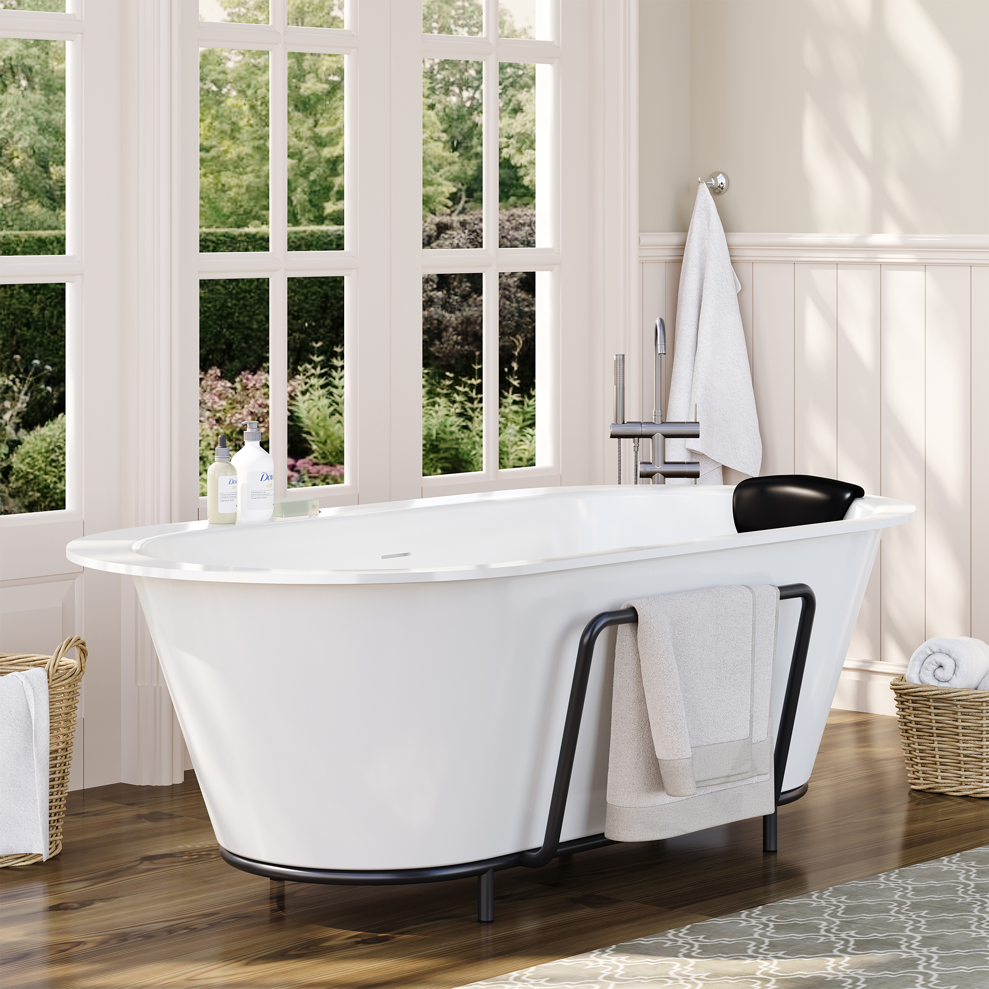 67/71" Stone Resin Adult Freestanding Soaking Tub with Cushions and Bottom Shelf