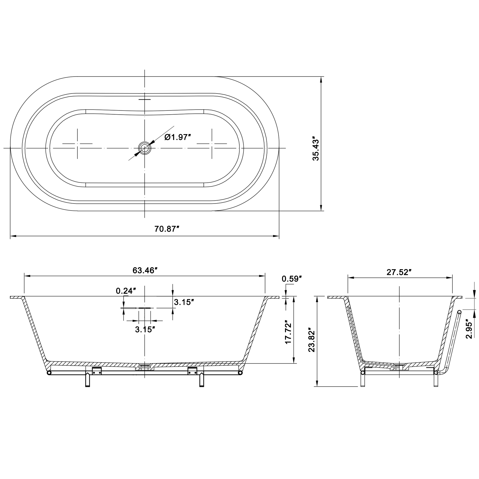 67/71" Stone Resin Adult Freestanding Soaking Tub with Cushions and Bottom Shelf