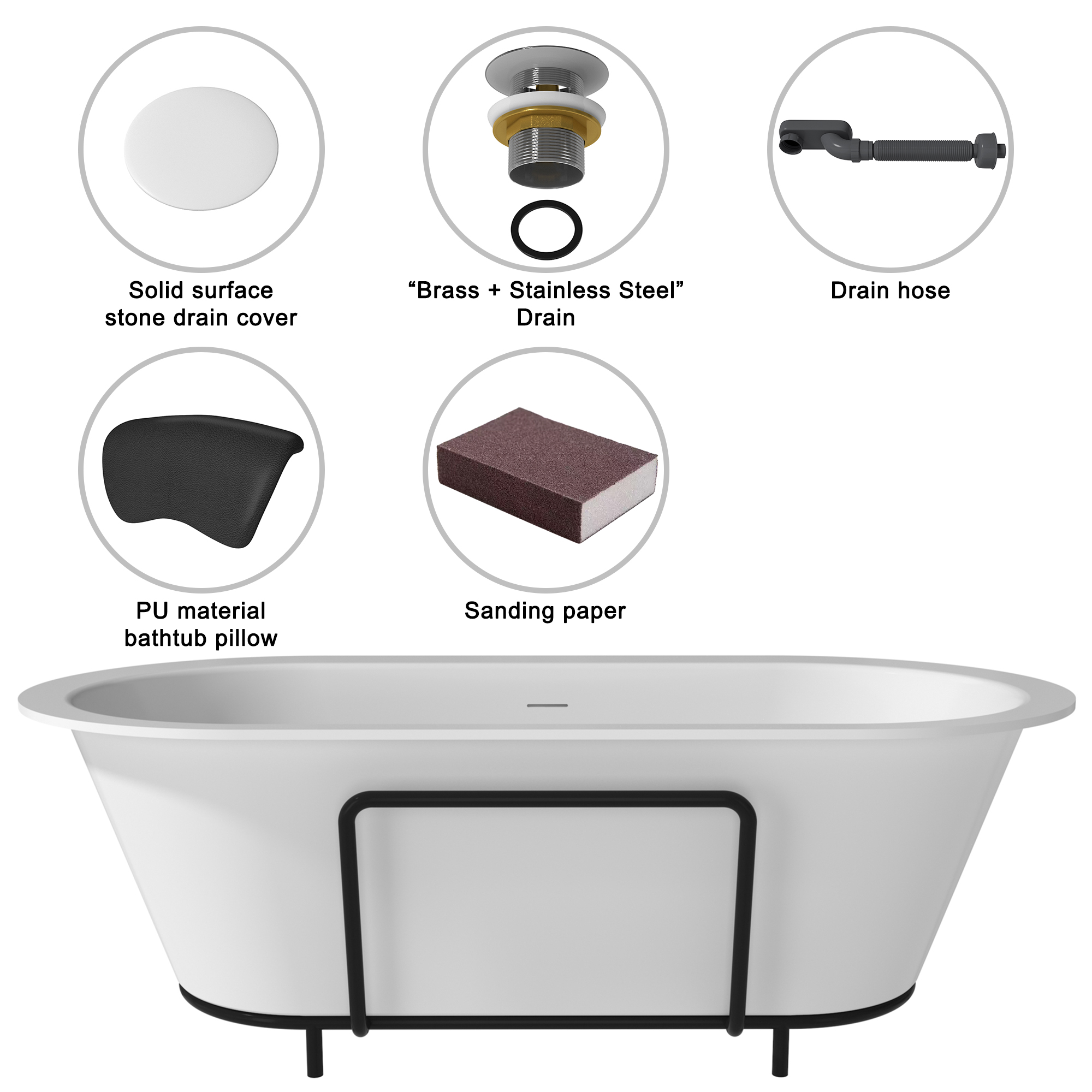 67/71" Stone Resin Adult Freestanding Soaking Tub with Cushions and Bottom Shelf