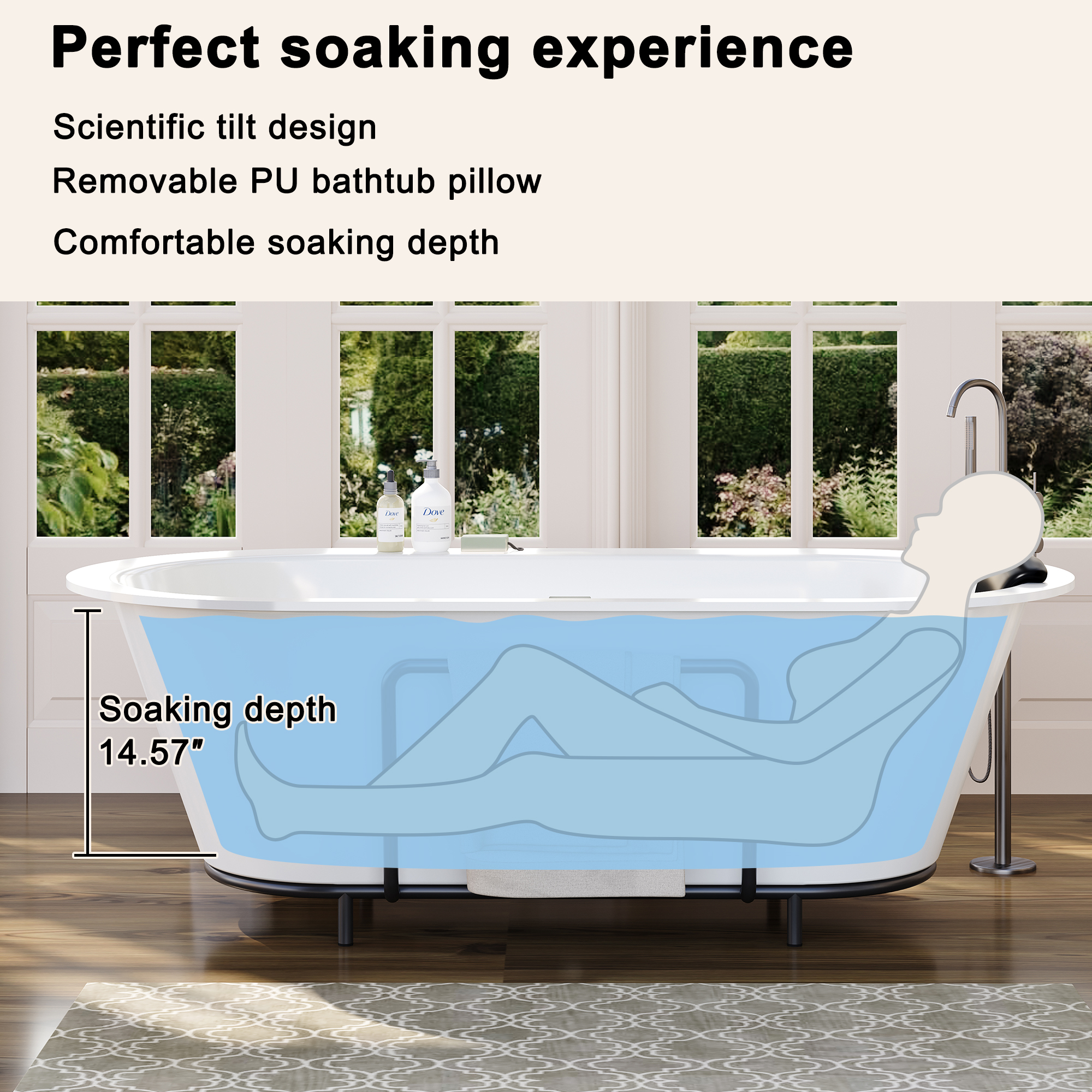 67/71" Stone Resin Adult Freestanding Soaking Tub with Cushions and Bottom Shelf
