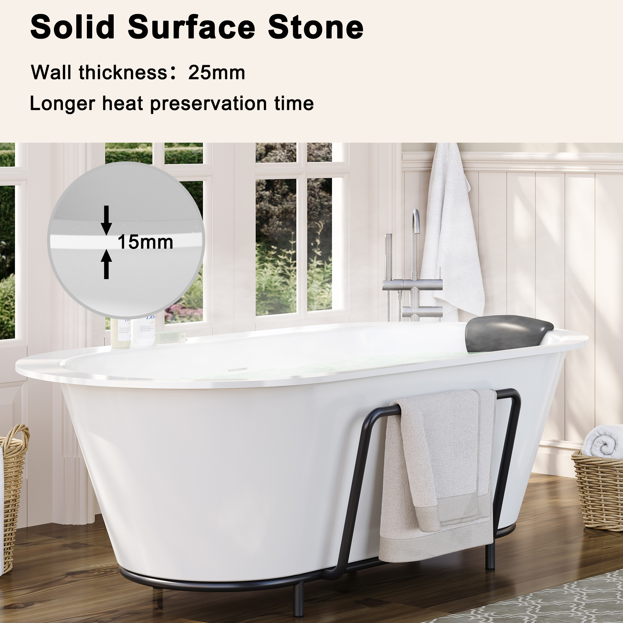 67/71" Stone Resin Adult Freestanding Soaking Tub with Cushions and Bottom Shelf