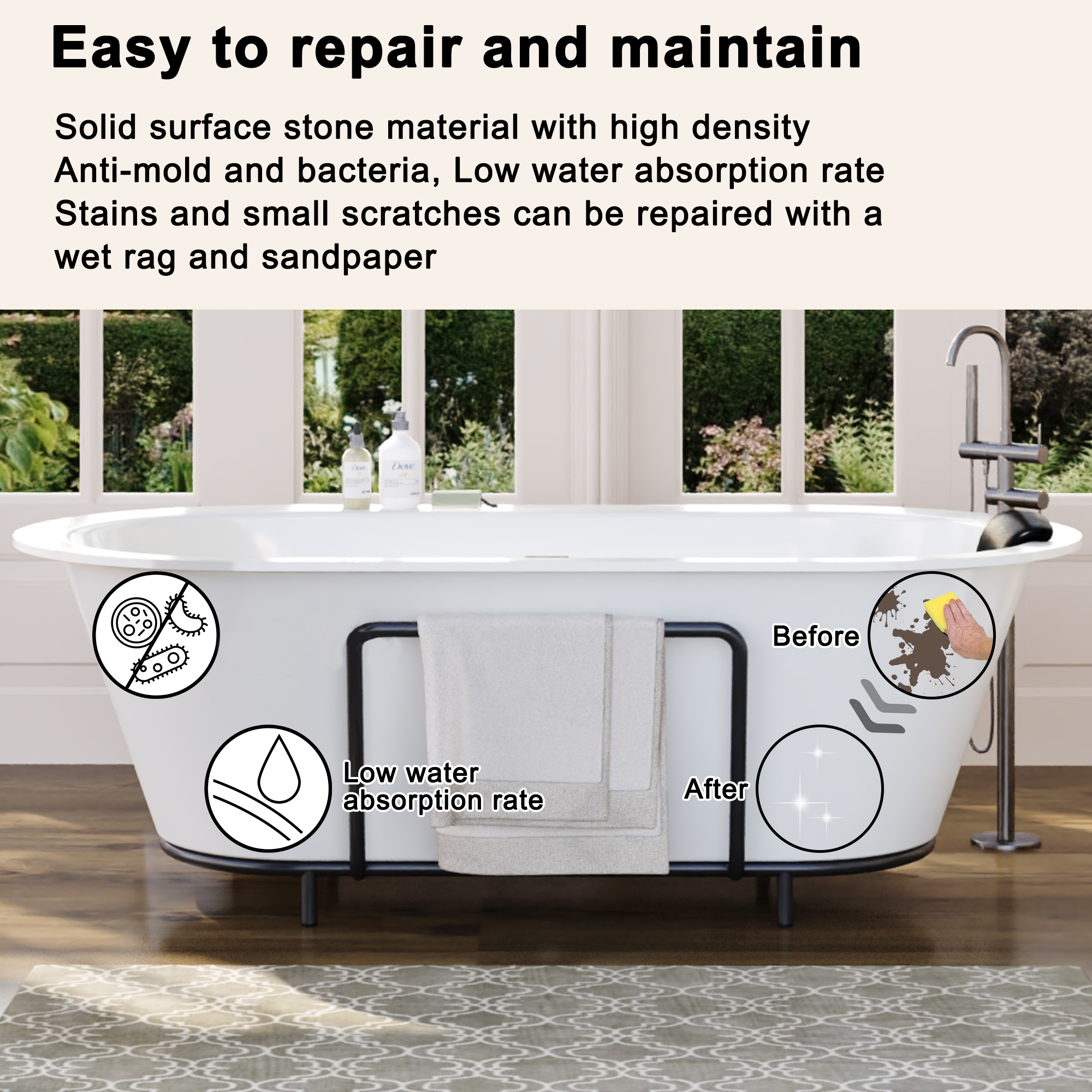 67/71" Stone Resin Adult Freestanding Soaking Tub with Cushions and Bottom Shelf