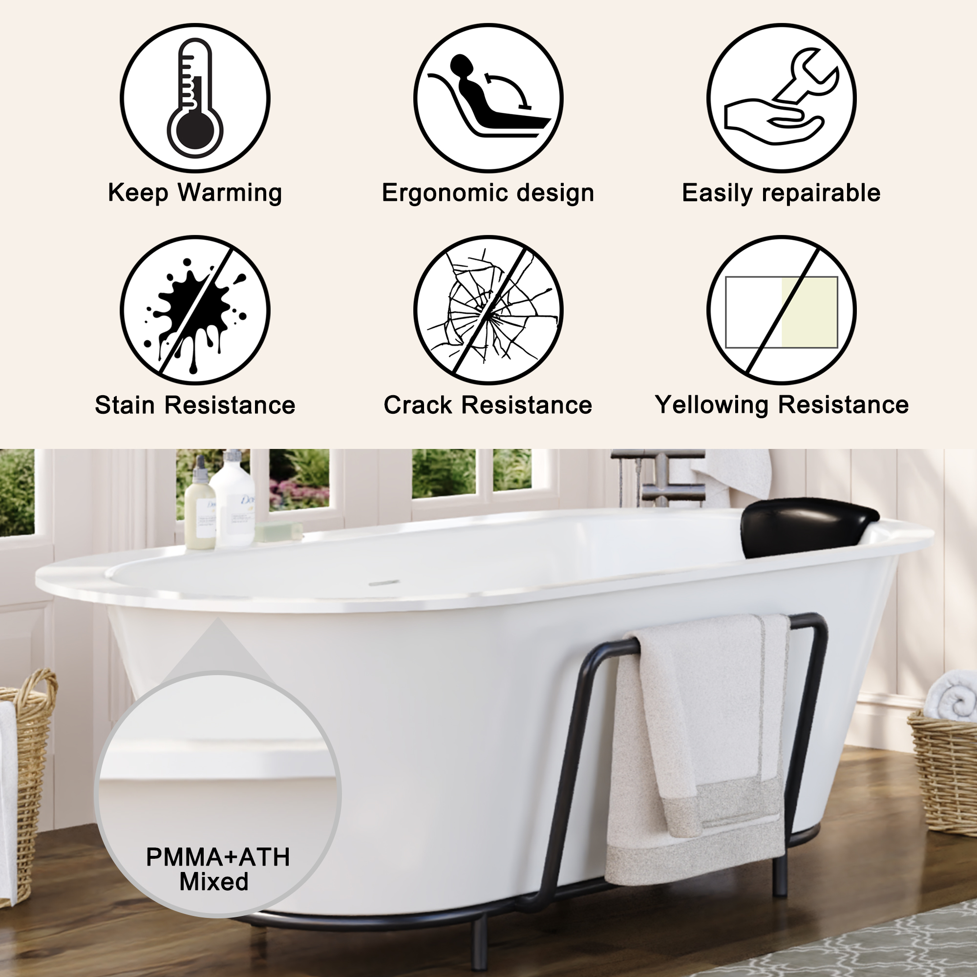 67/71" Stone Resin Adult Freestanding Soaking Tub with Cushions and Bottom Shelf