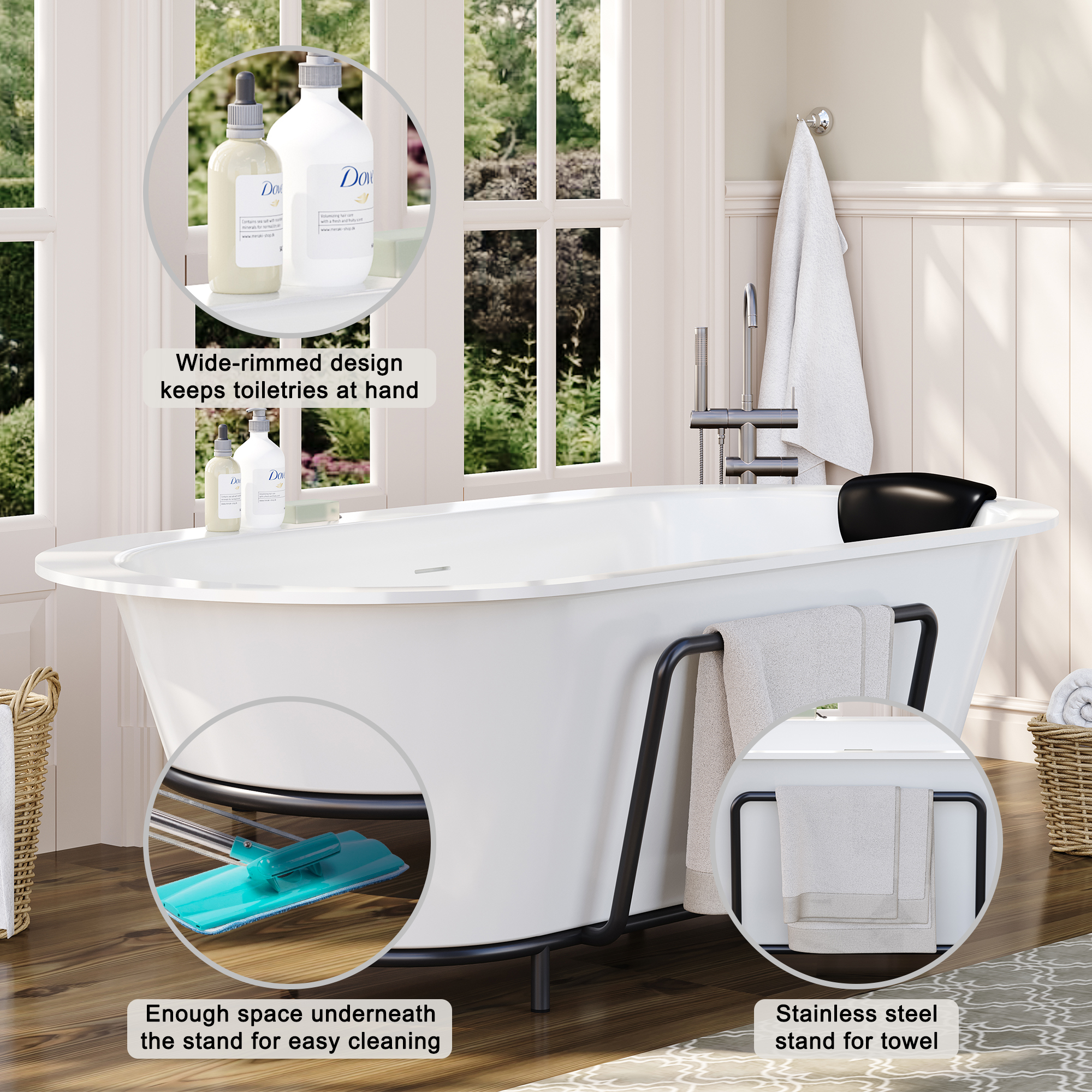 67/71" Stone Resin Adult Freestanding Soaking Tub with Cushions and Bottom Shelf