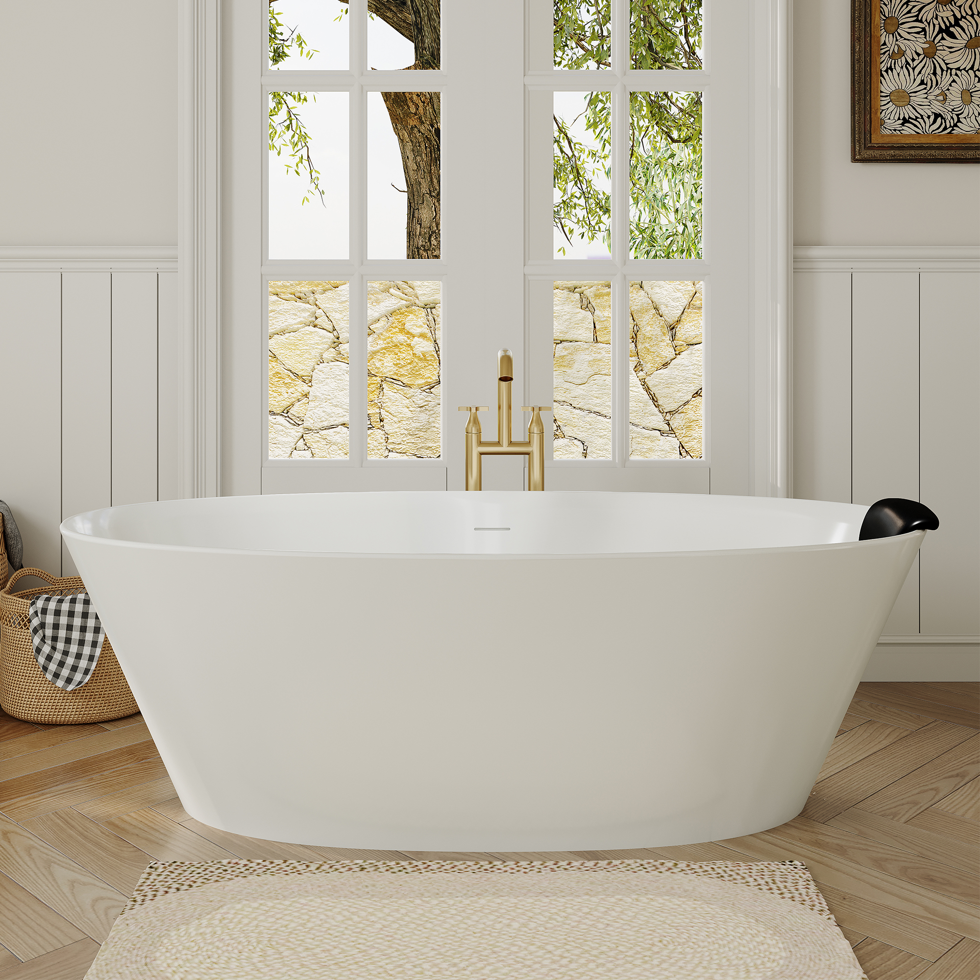 67" Matte White Stone Resin Adult Freestanding Soaking Tub with Cushions