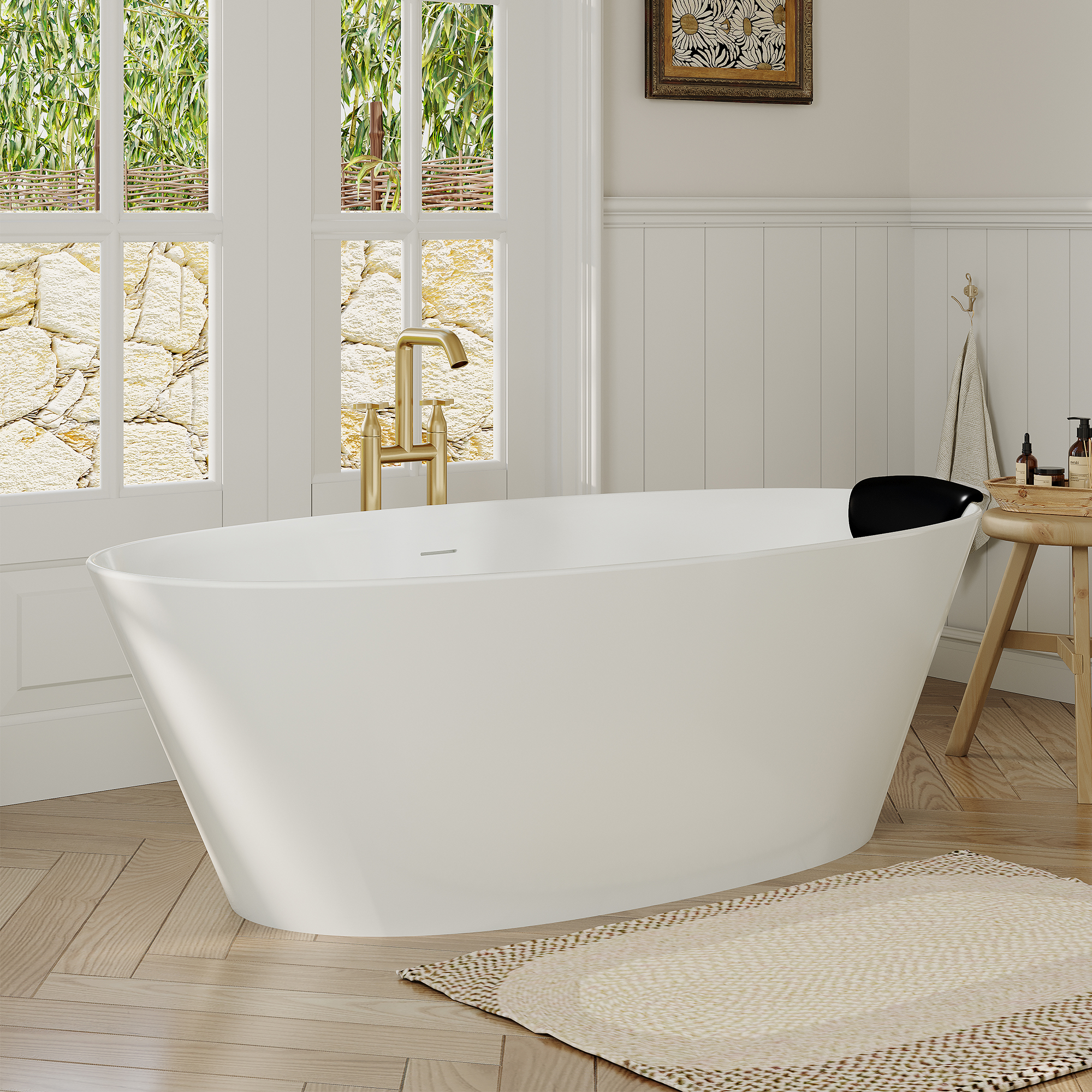 67" Matte White Stone Resin Adult Freestanding Soaking Tub with Cushions