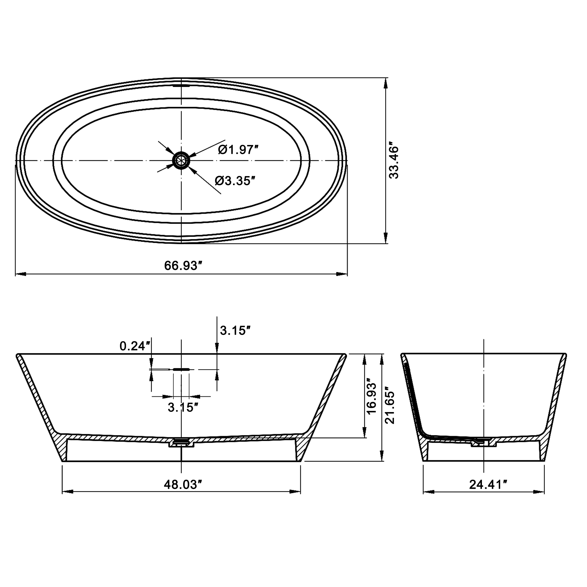 67" Matte White Stone Resin Adult Freestanding Soaking Tub with Cushions