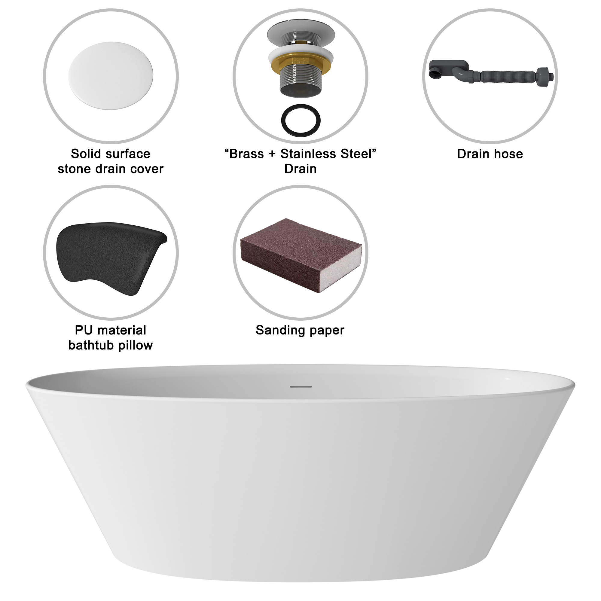 67" Matte White Stone Resin Adult Freestanding Soaking Tub with Cushions