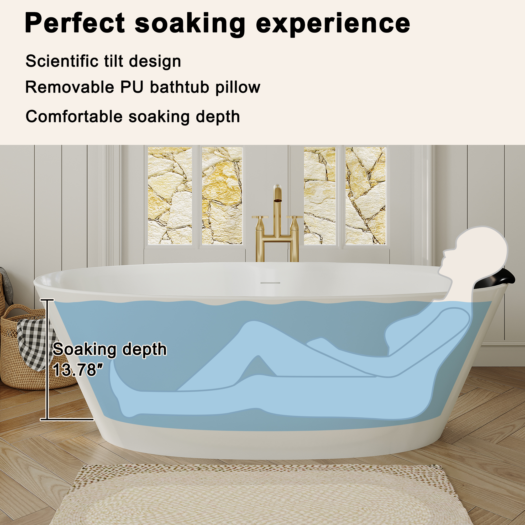 67" Matte White Stone Resin Adult Freestanding Soaking Tub with Cushions