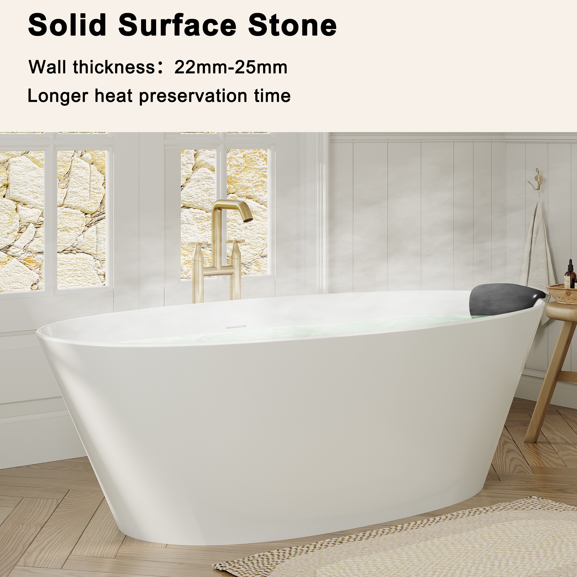 67" Matte White Stone Resin Adult Freestanding Soaking Tub with Cushions
