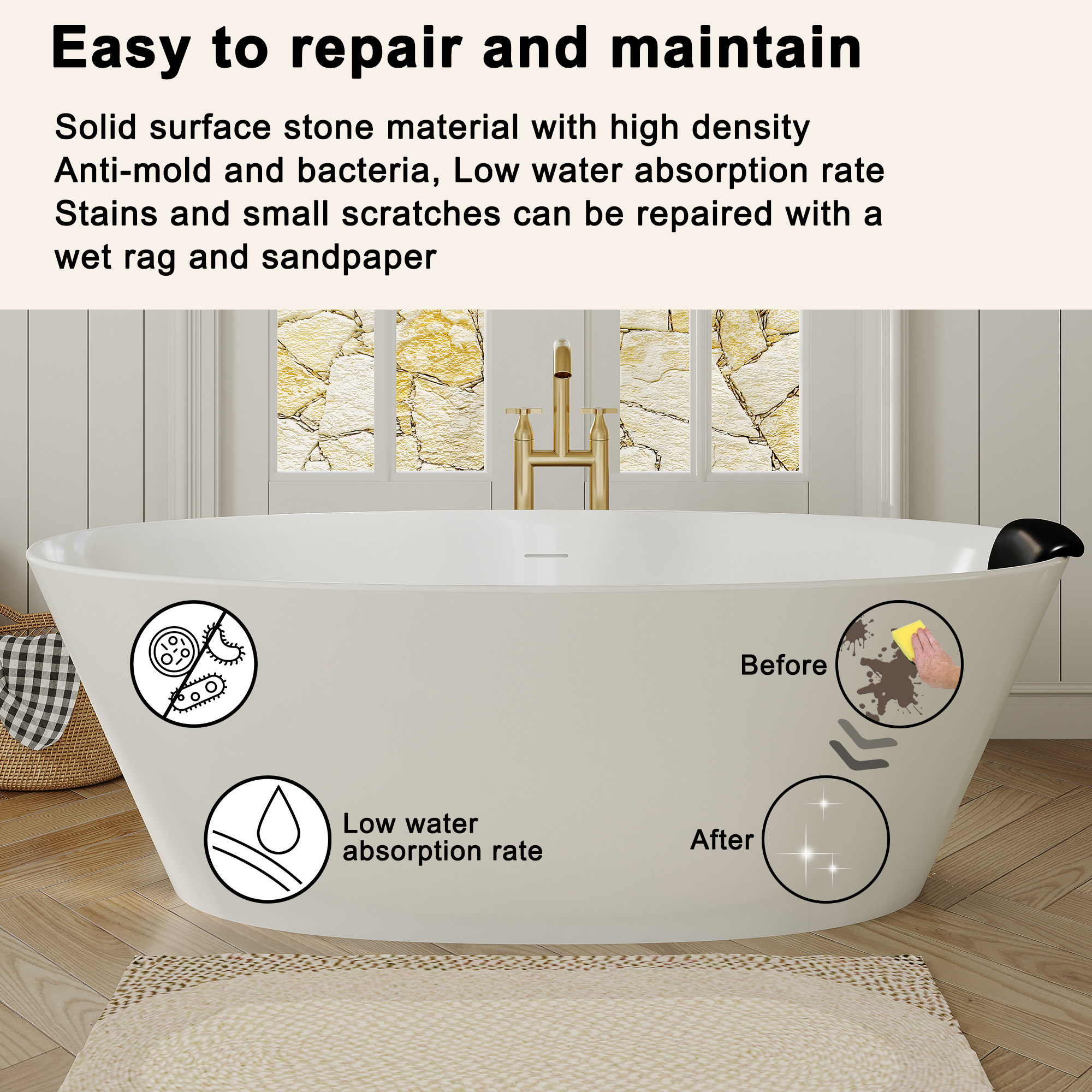 67" Matte White Stone Resin Adult Freestanding Soaking Tub with Cushions