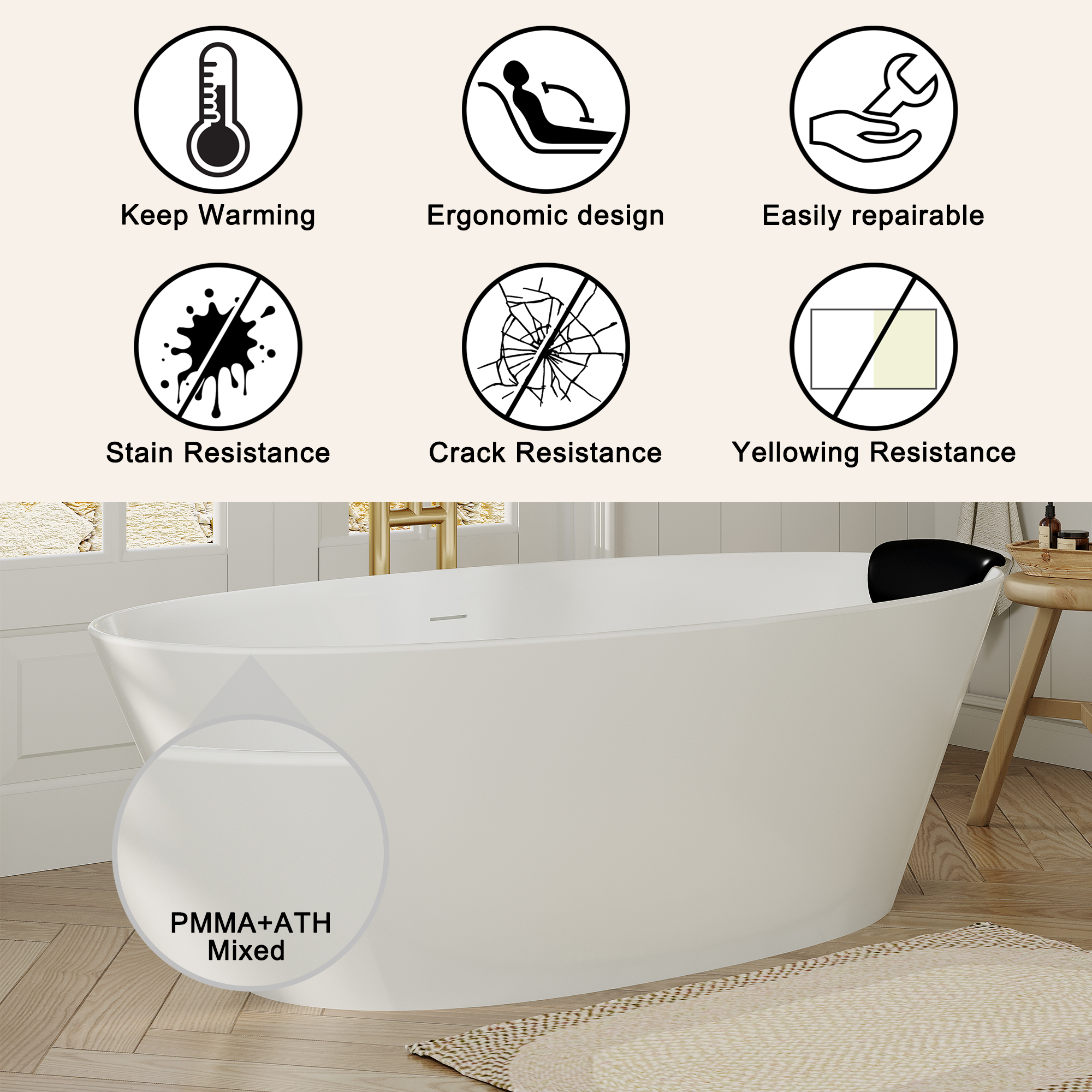 67" Matte White Stone Resin Adult Freestanding Soaking Tub with Cushions