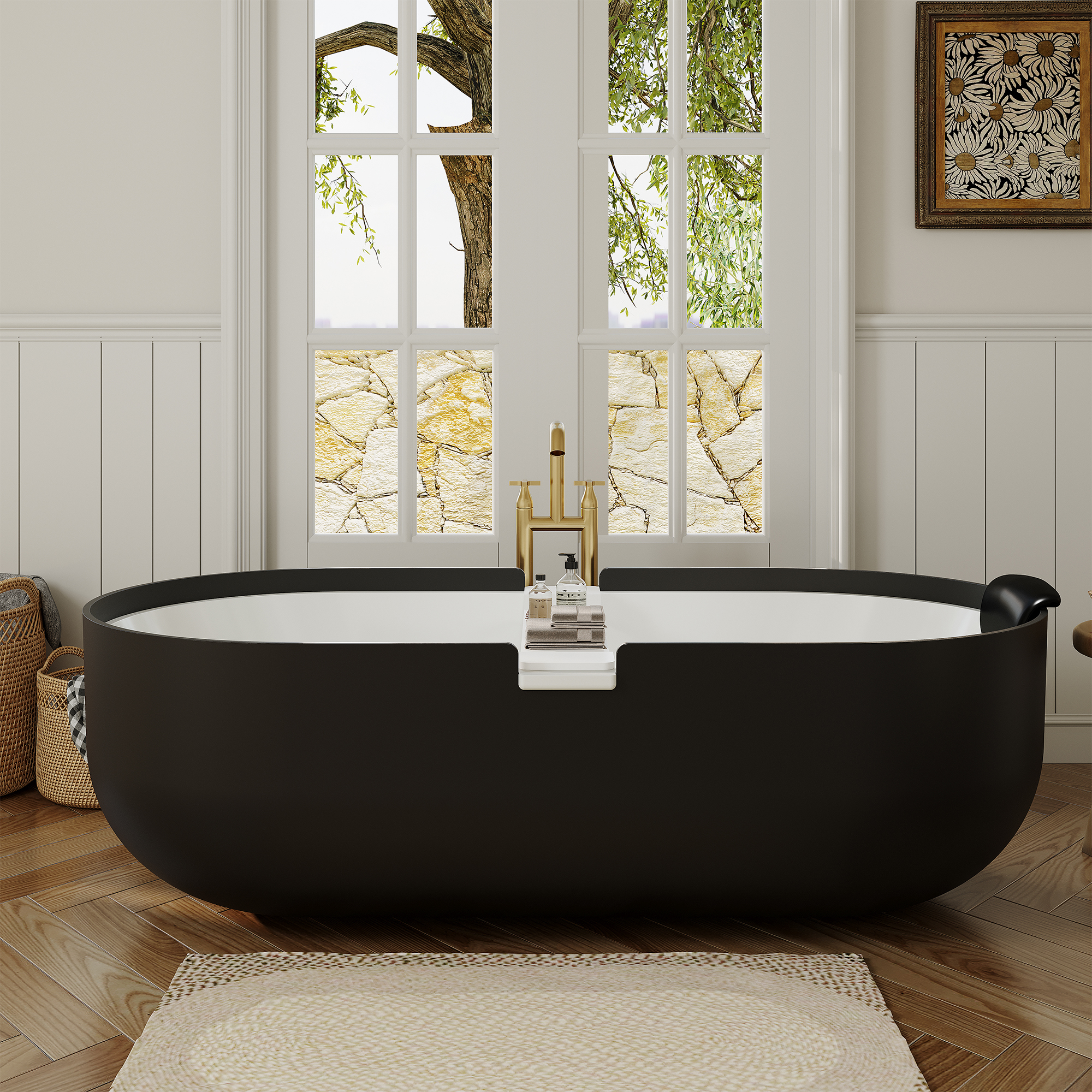 67/71" Black Outside and White Inside Solid Surface Adult Freestanding Tub with Resin Stone Shelf