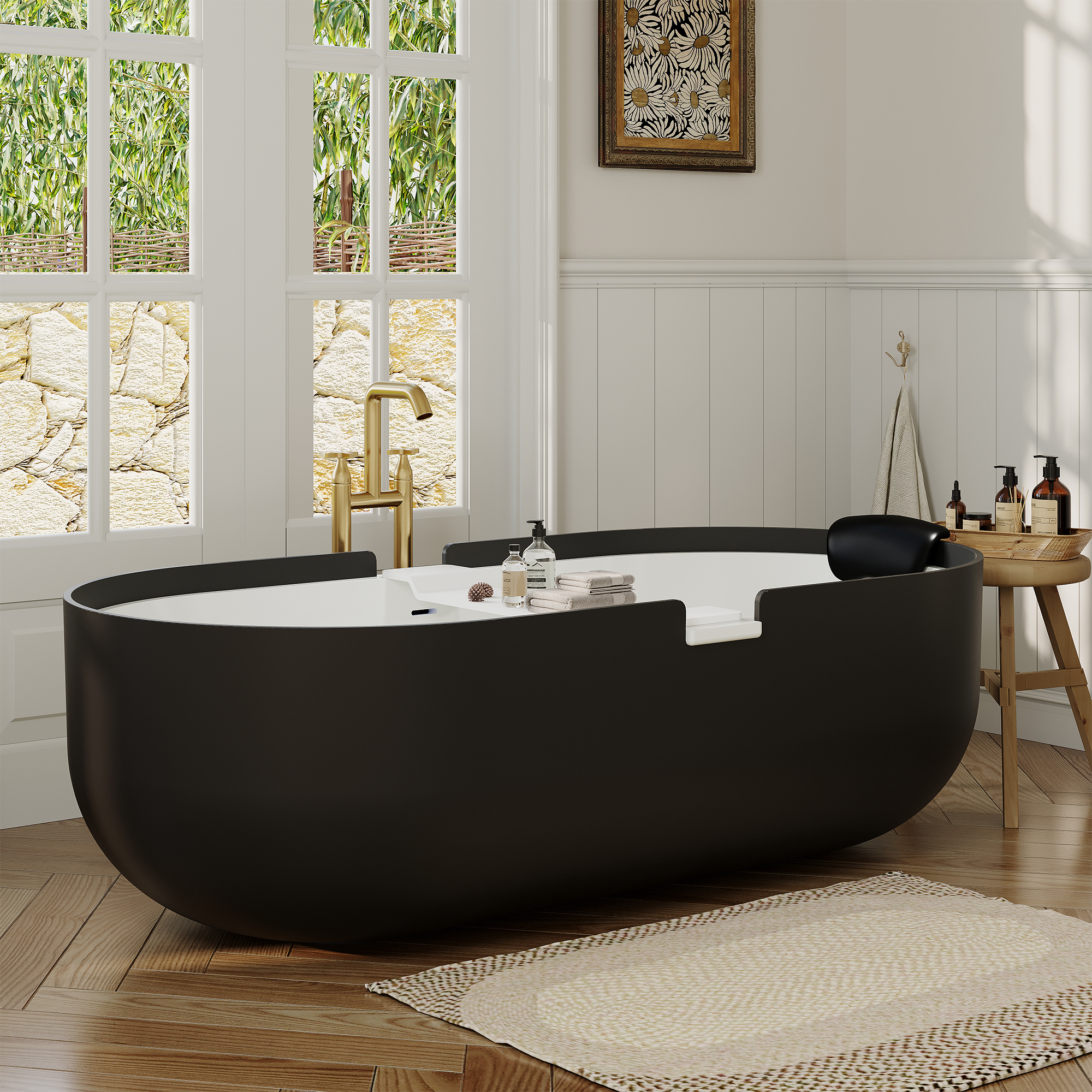 67/71" Black Outside and White Inside Solid Surface Adult Freestanding Tub with Resin Stone Shelf