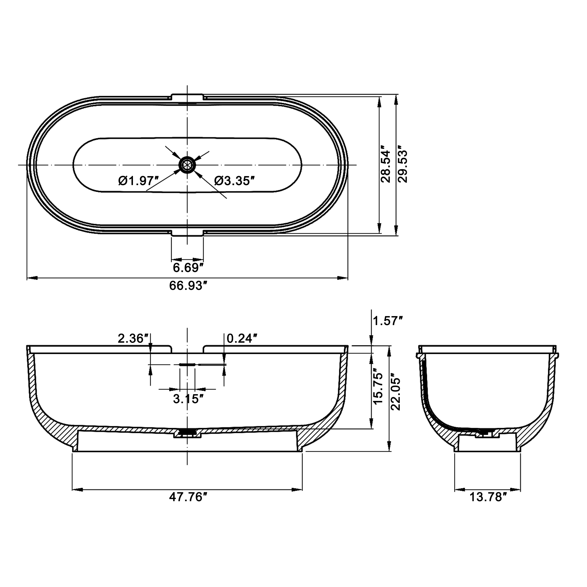 67/71" Black Outside and White Inside Solid Surface Adult Freestanding Tub with Resin Stone Shelf