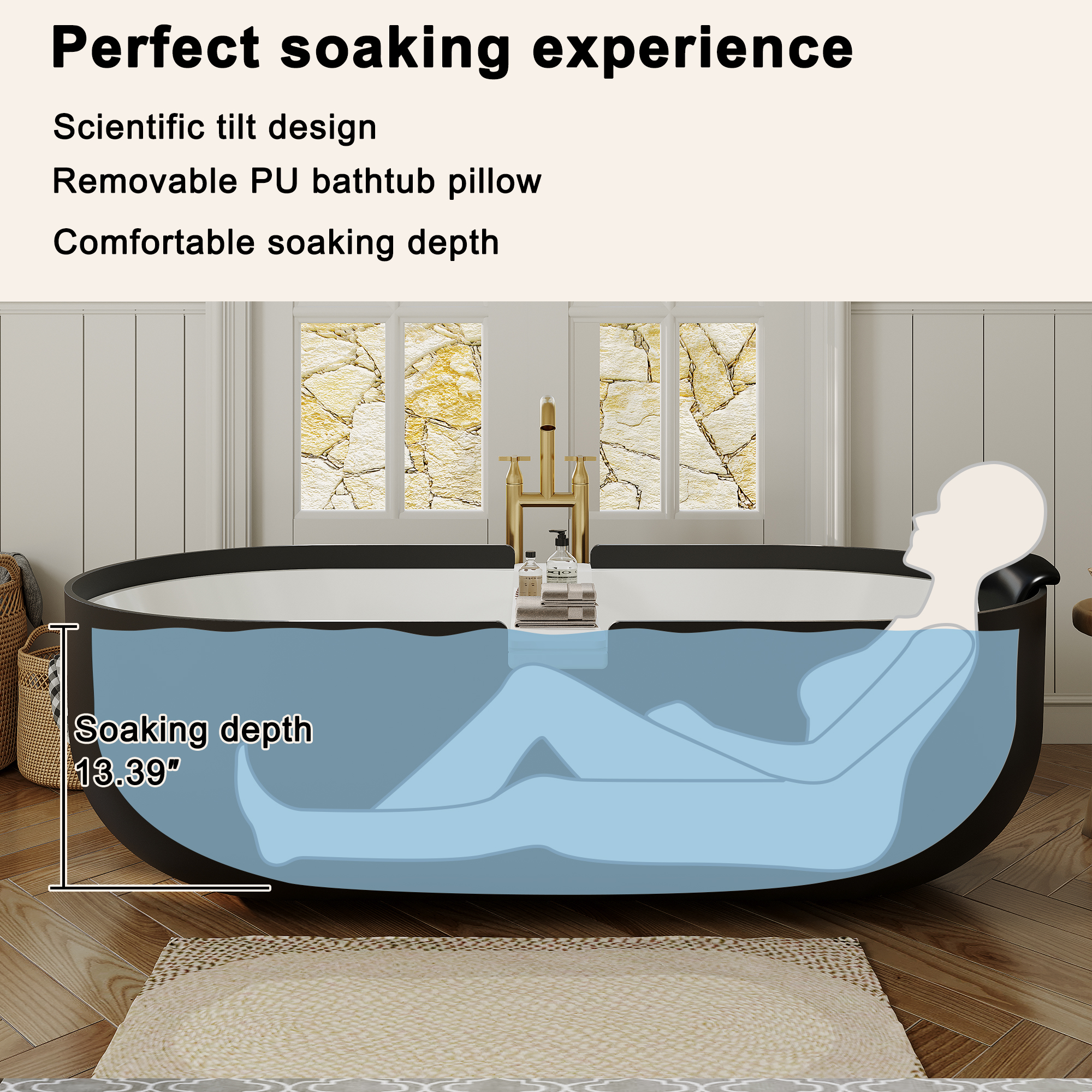 67/71" Black Outside and White Inside Solid Surface Adult Freestanding Tub with Resin Stone Shelf