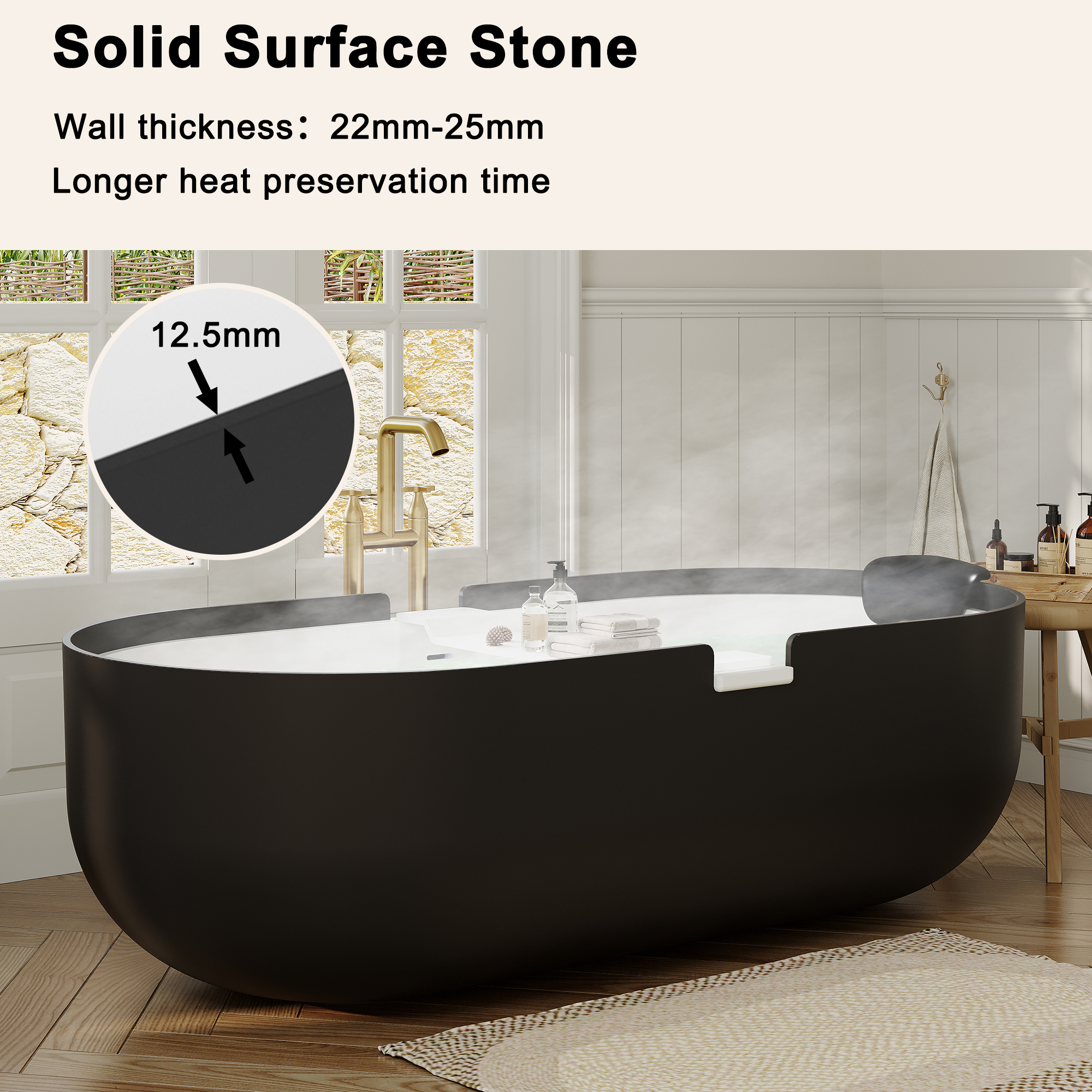 67/71" Black Outside and White Inside Solid Surface Adult Freestanding Tub with Resin Stone Shelf