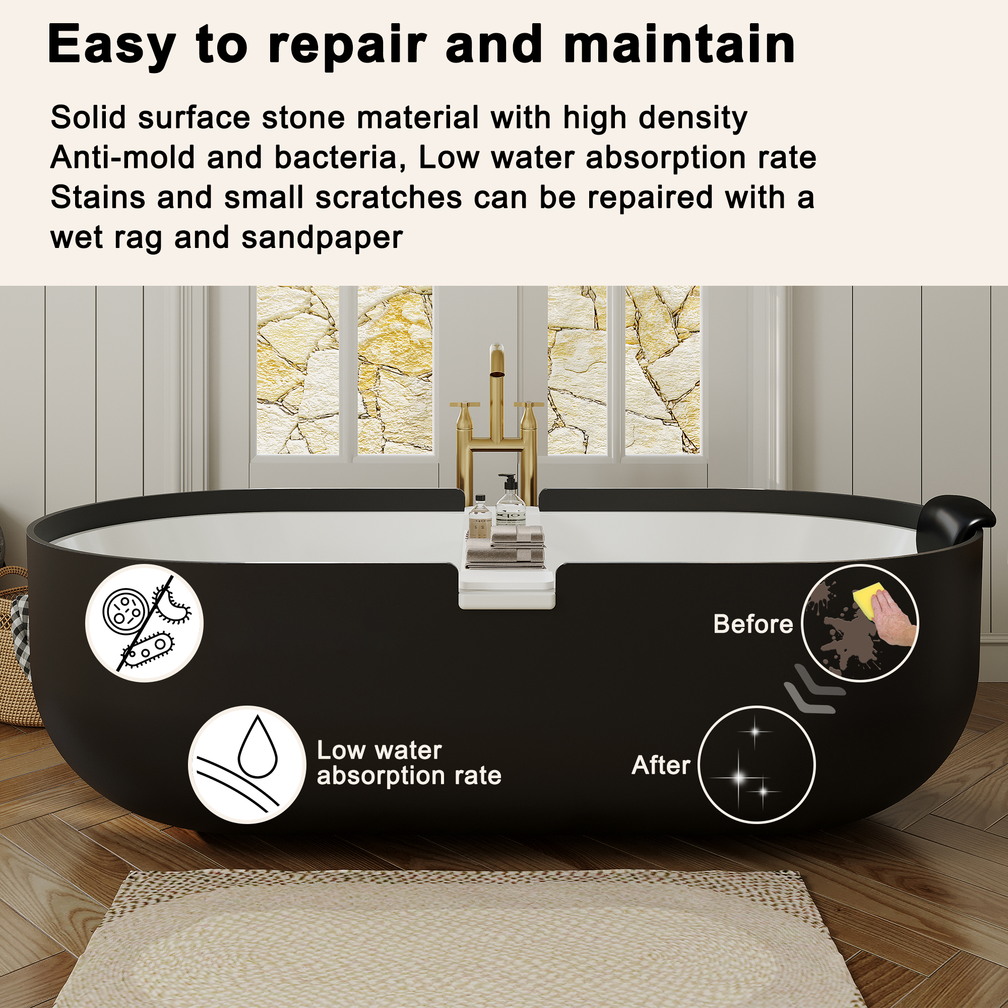 67/71" Black Outside and White Inside Solid Surface Adult Freestanding Tub with Resin Stone Shelf