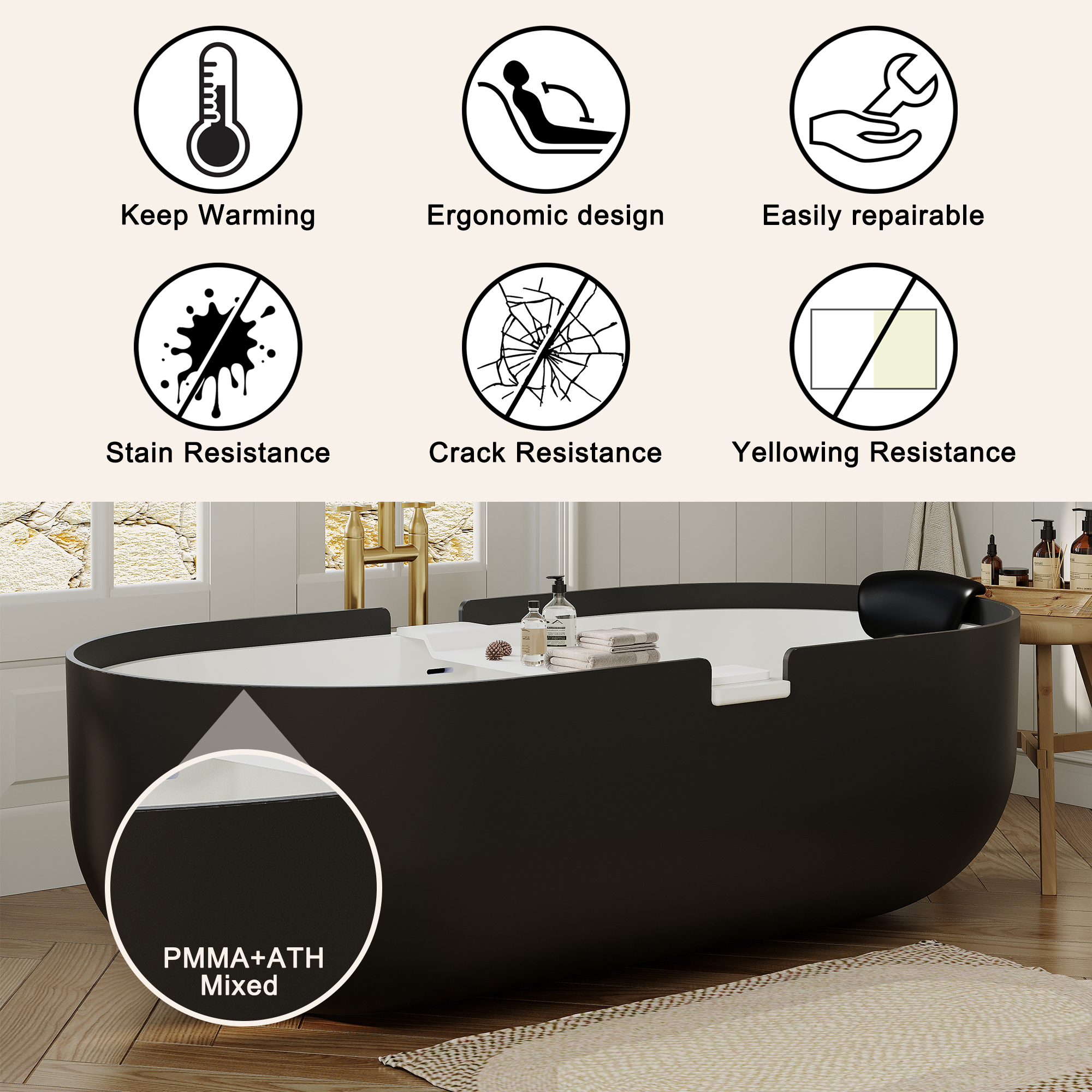 67/71" Black Outside and White Inside Solid Surface Adult Freestanding Tub with Resin Stone Shelf