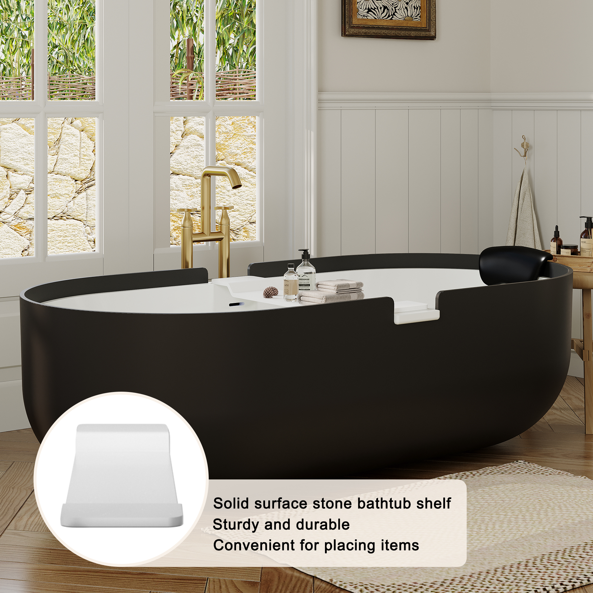 67/71" Black Outside and White Inside Solid Surface Adult Freestanding Tub with Resin Stone Shelf