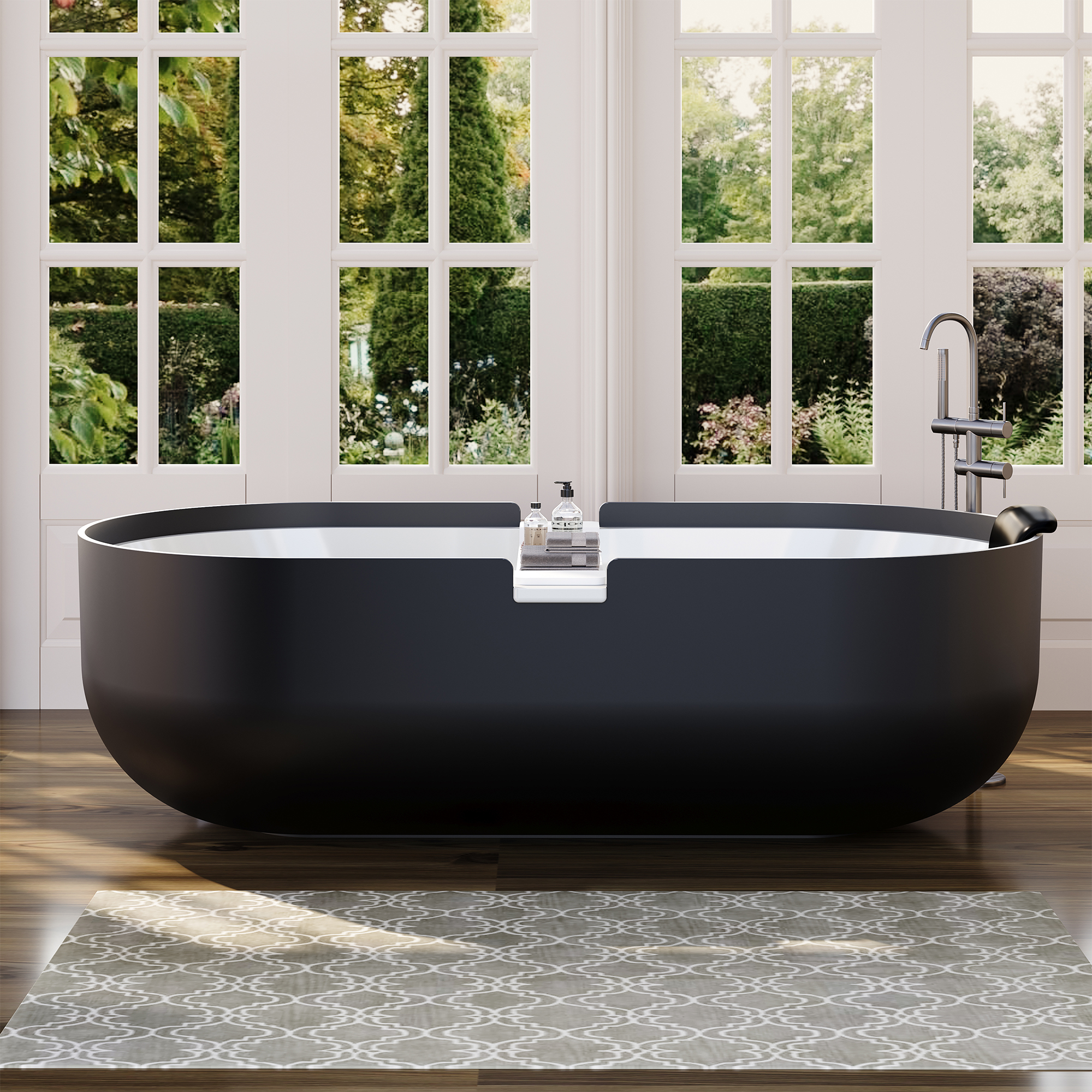 67/71" Black Outside and White Inside Solid Surface Adult Freestanding Tub with Resin Stone Shelf