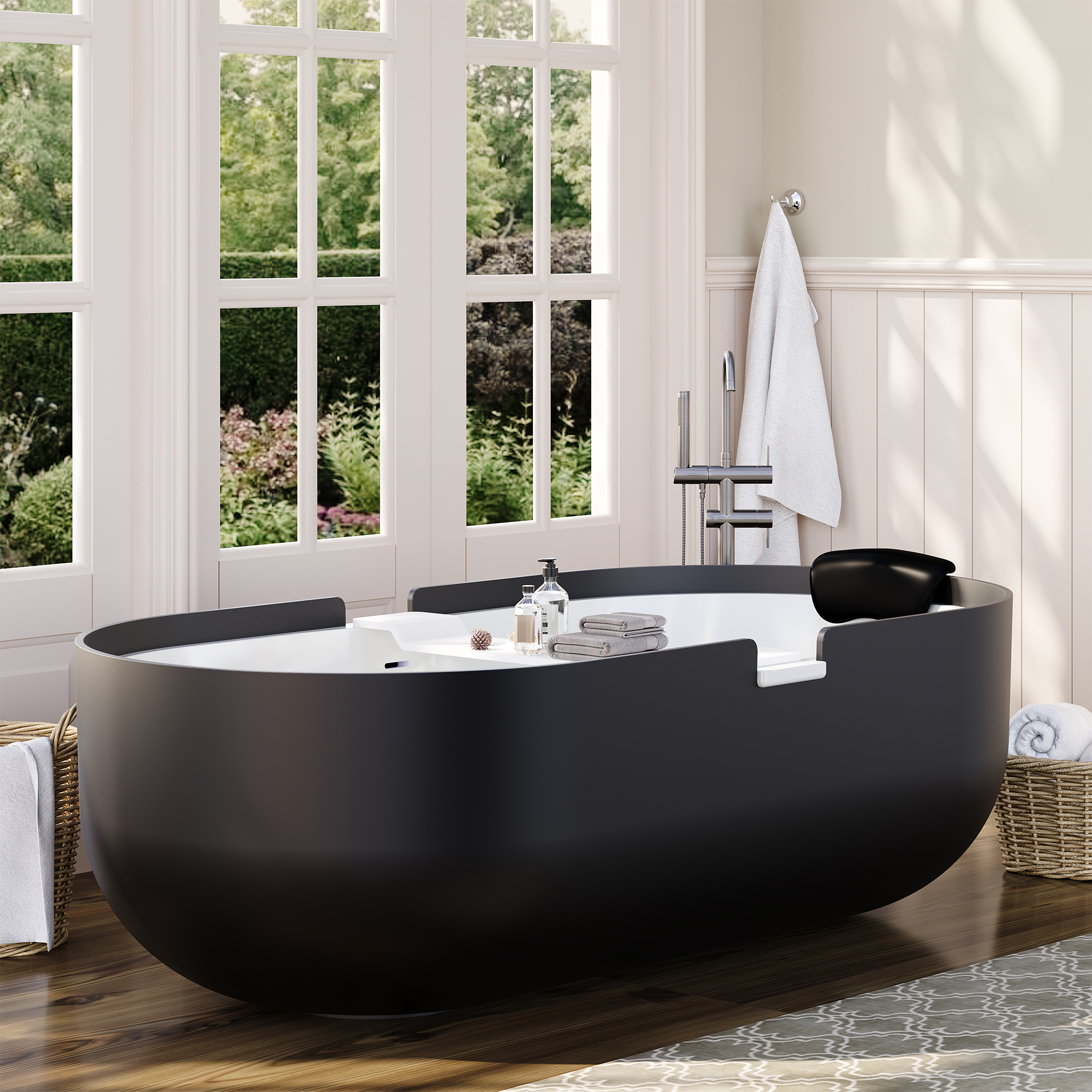 67/71" Black Outside and White Inside Solid Surface Adult Freestanding Tub with Resin Stone Shelf