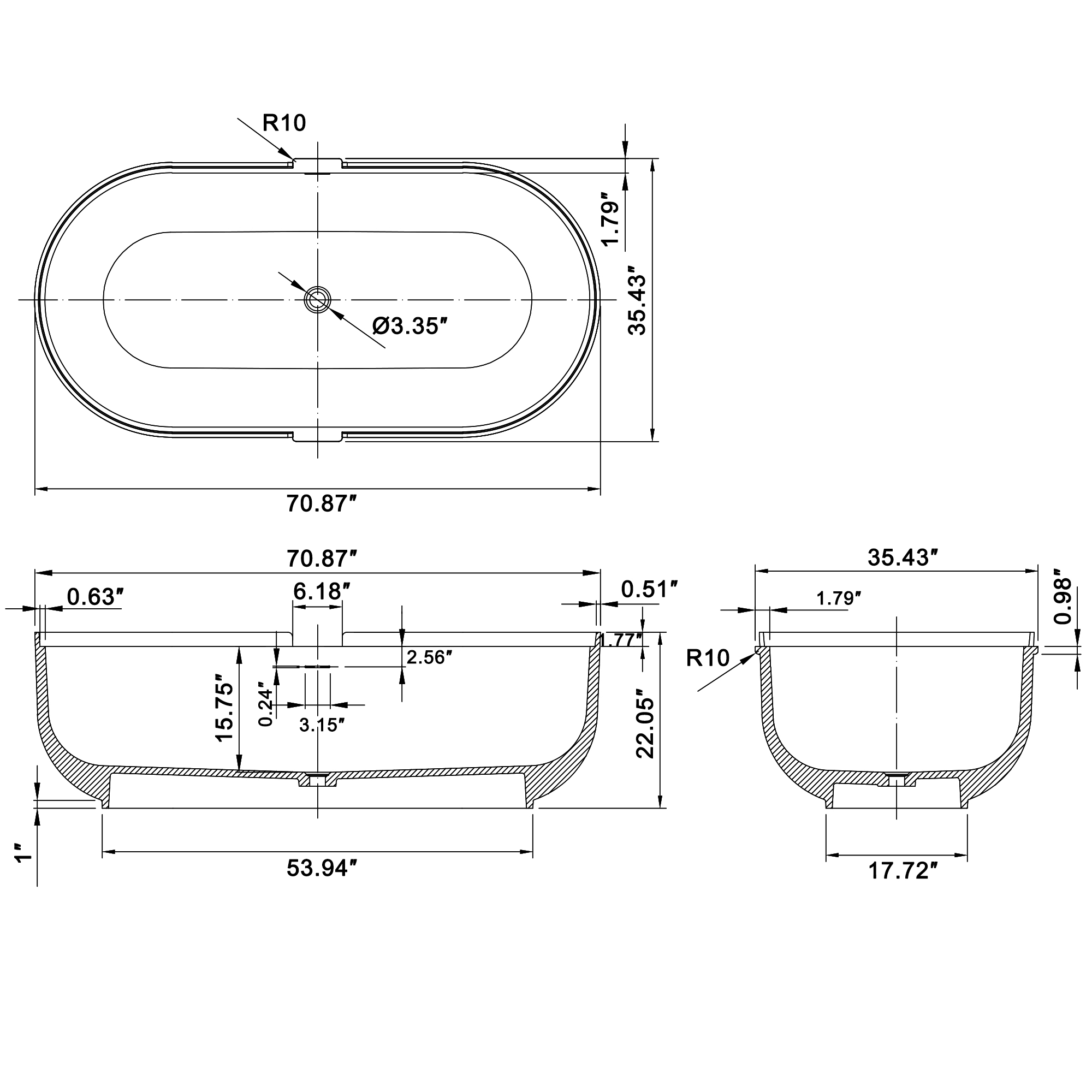 67/71" Black Outside and White Inside Solid Surface Adult Freestanding Tub with Resin Stone Shelf