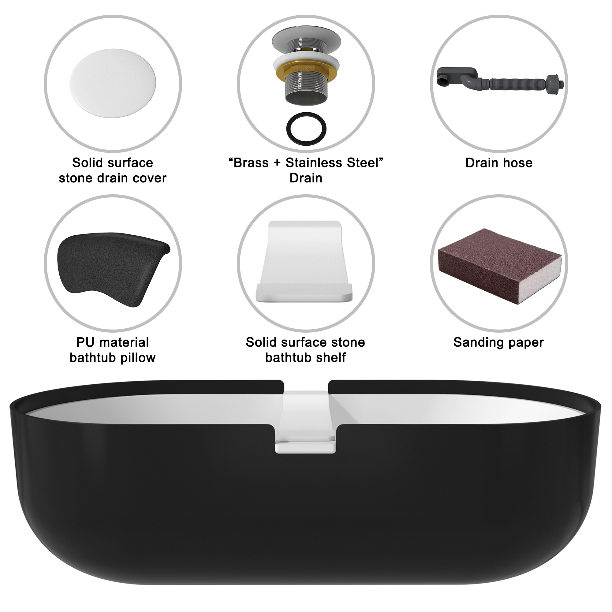 67/71" Black Outside and White Inside Solid Surface Adult Freestanding Tub with Resin Stone Shelf