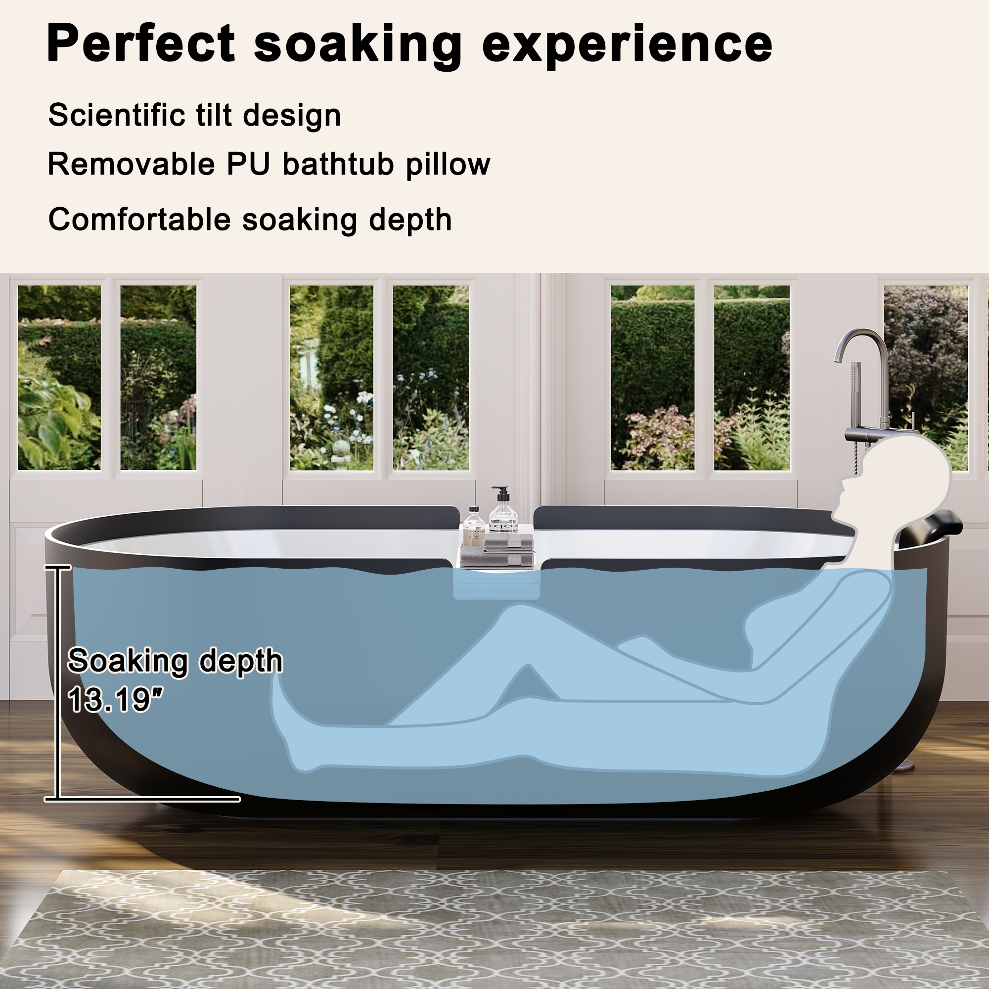 67/71" Black Outside and White Inside Solid Surface Adult Freestanding Tub with Resin Stone Shelf