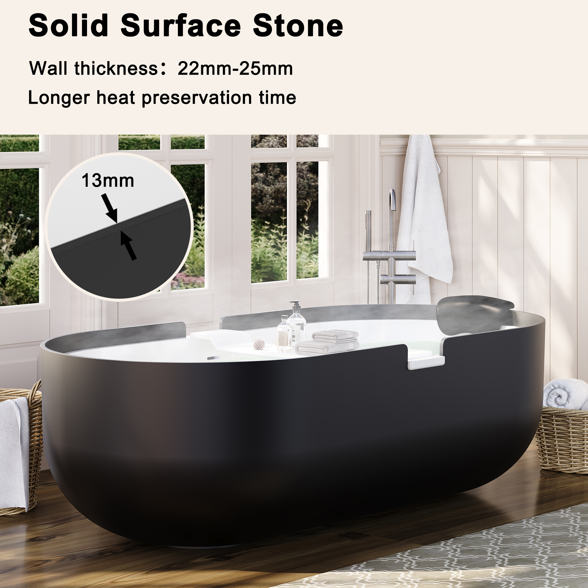 67/71" Black Outside and White Inside Solid Surface Adult Freestanding Tub with Resin Stone Shelf